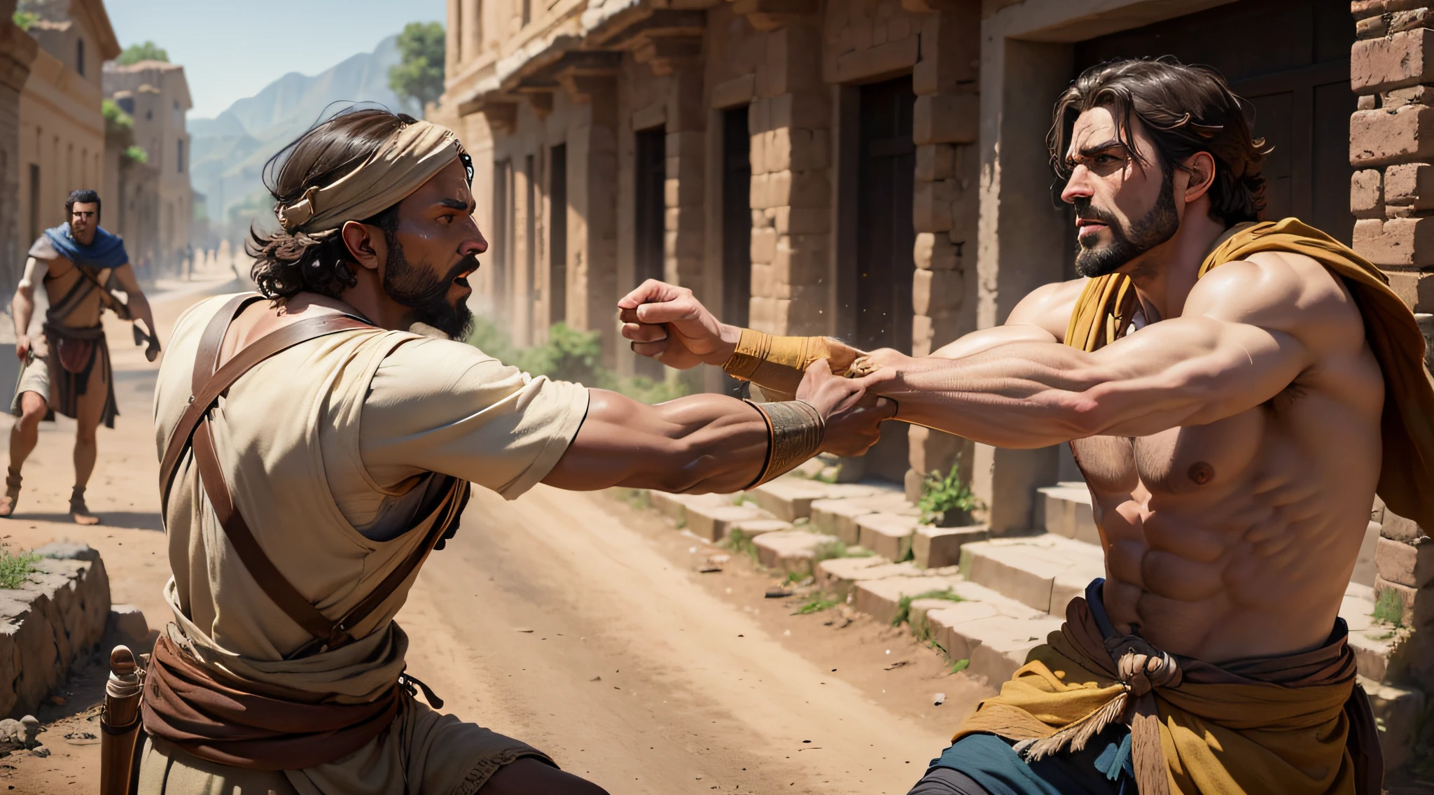 (masterpiece), a man being attacked by two bandits on the road, clothing from the 1st century, set in the 1st century,8k, realistic