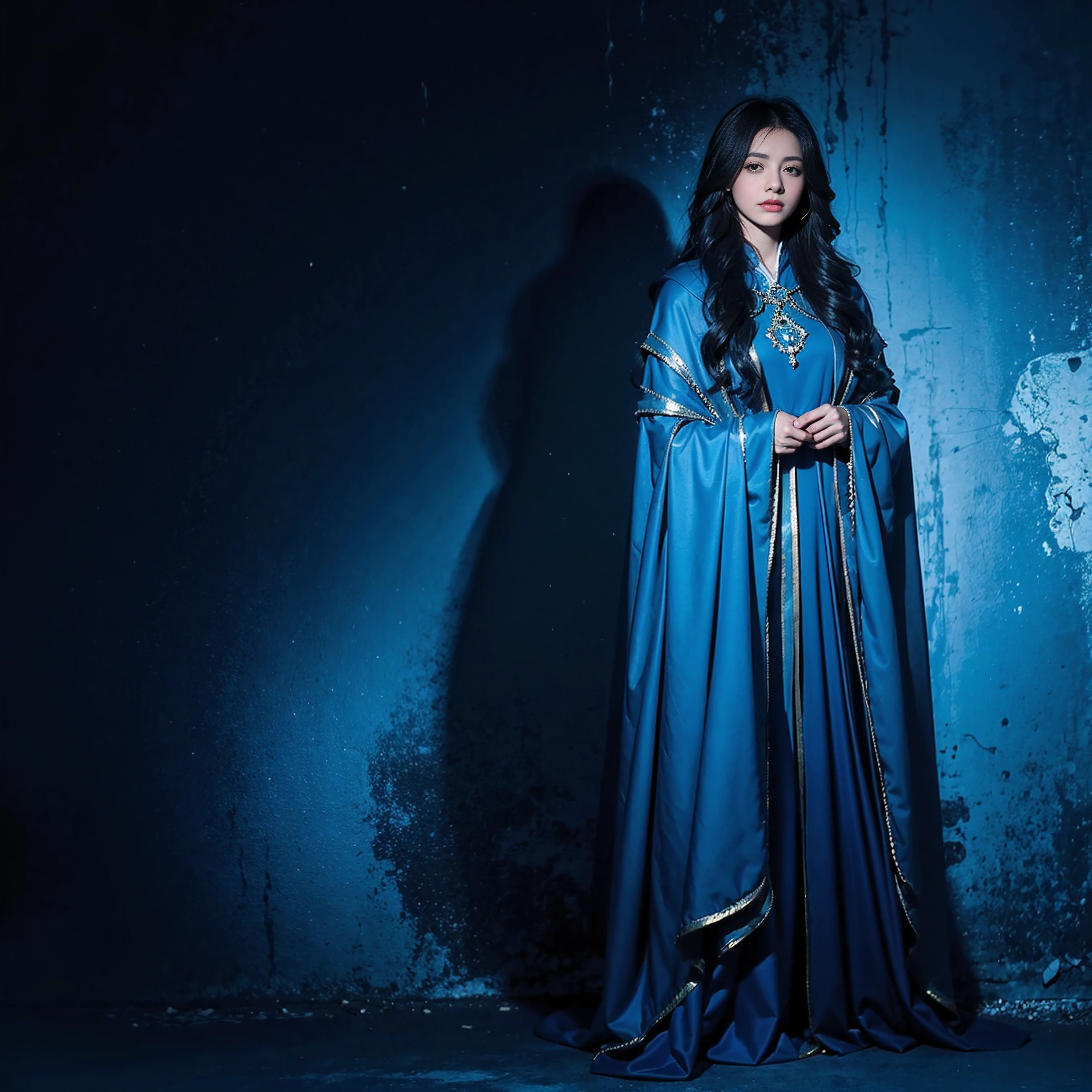 a woman in a blue cloak and a diamond, concept art inspired by Harry Clarke, tumblr, conceptual art, blue diamond, brittney lee, sapphire, dressed in a blue cloak, blue diamonds, blue cloak, lapis lazuli, blue aura, cloaked woman, wearing a flowing cloak, desna, priestess, garnet
