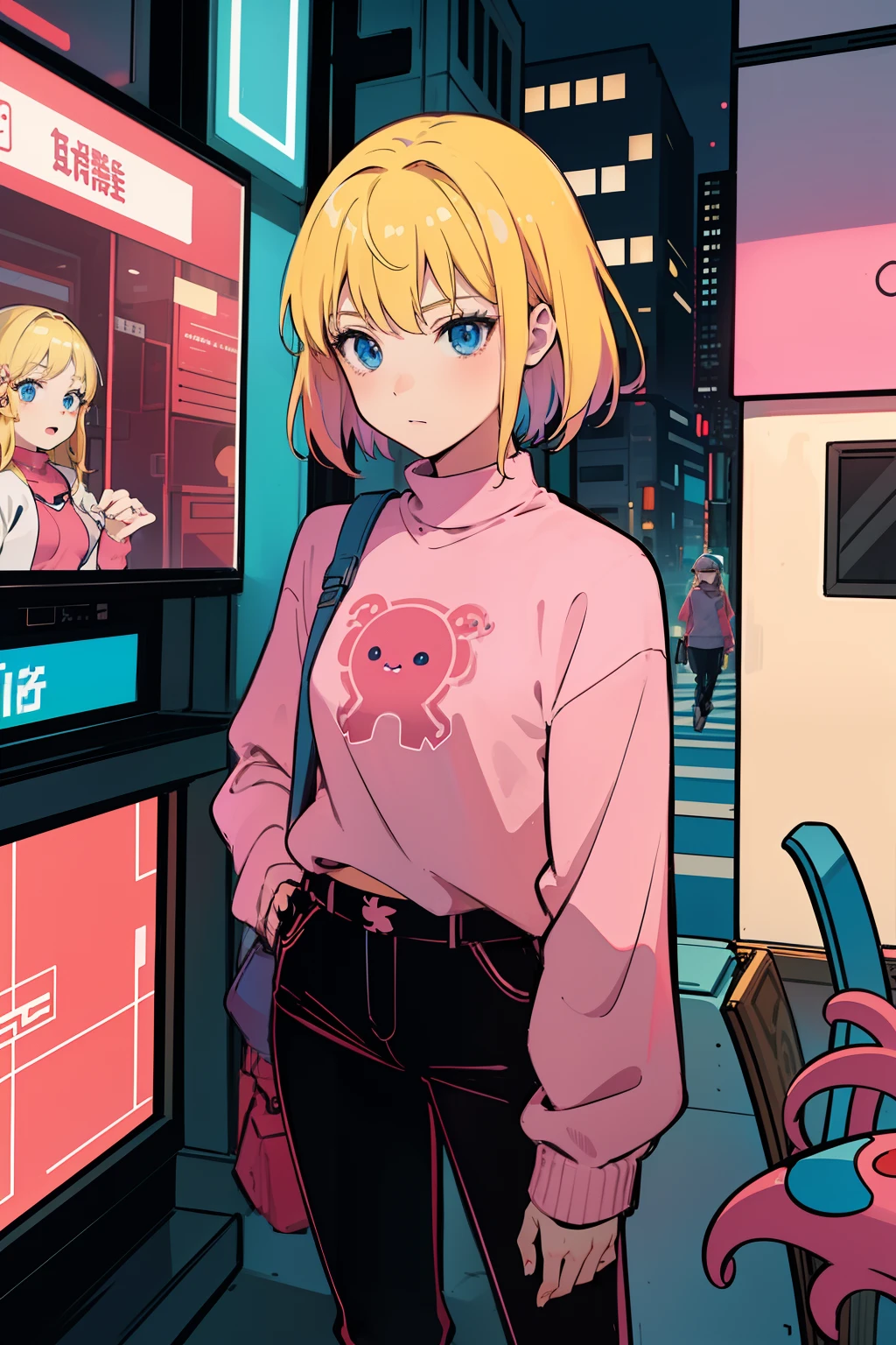 solo, 1girl, (masterpiece), ((16 year old appearance)), Blonde hair, Medium hair, blue eyes, anime girl, Pink sweater with red octopus emblem, black pants, small breasts, cyberpunk city, nigth