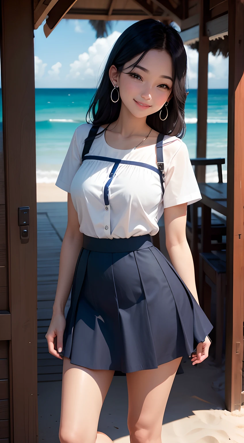 beach,smiling, wearing earrings, dark blue skirt, white short-sleeved shirt,
