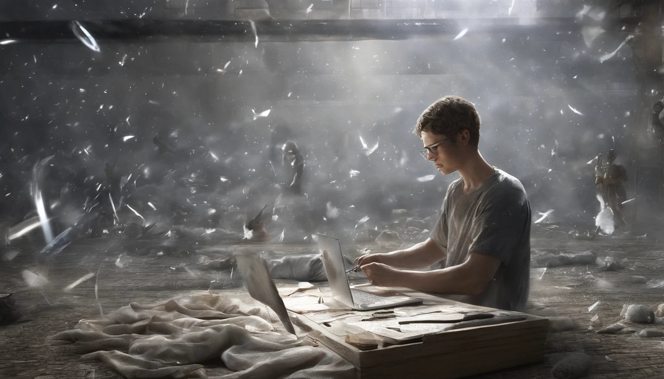 One young man, Wear minimal casual attire, I am drawing an image with A4 copy paper spread out in front of my laptop. Beside him, The spirit of AI is rooting him on; AI Spirit is composed of white light particles, Drifting around a man.