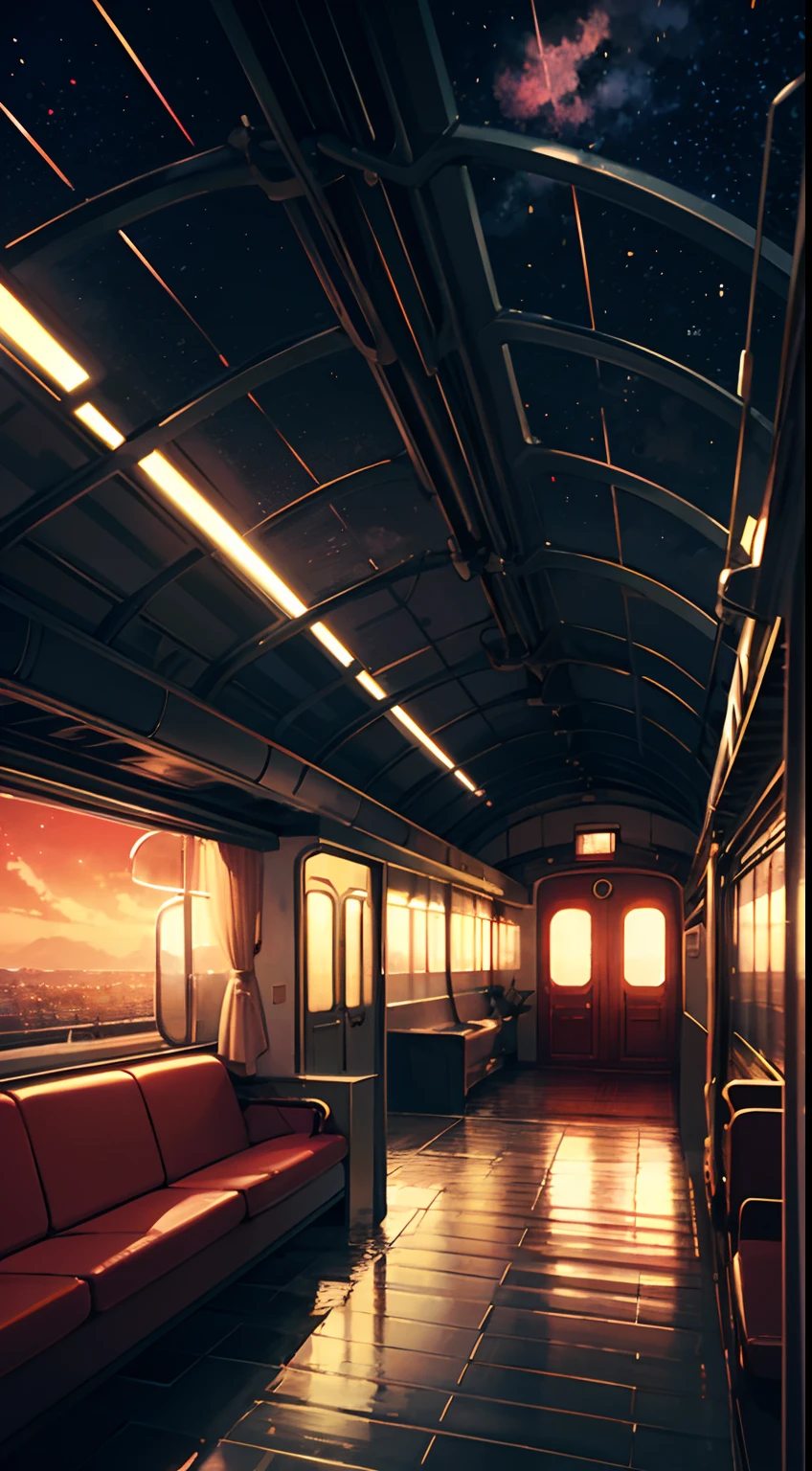 obra-prima de alta qualidade, Paisagem, Train anime passing through bodies of water on rails, Bright red starry sky. Romantic train, Pixiv, arte conceitual, Estilo de Arte Lofi, reflection. Por Makoto Shinkai, Arte Lofi, Anime Nice Jantar, Paisagem de anime, detailed scenery - width 672, em estilo de makoto shinkai, Estilo Makoto Shinkai, Detalhes aprimorados.