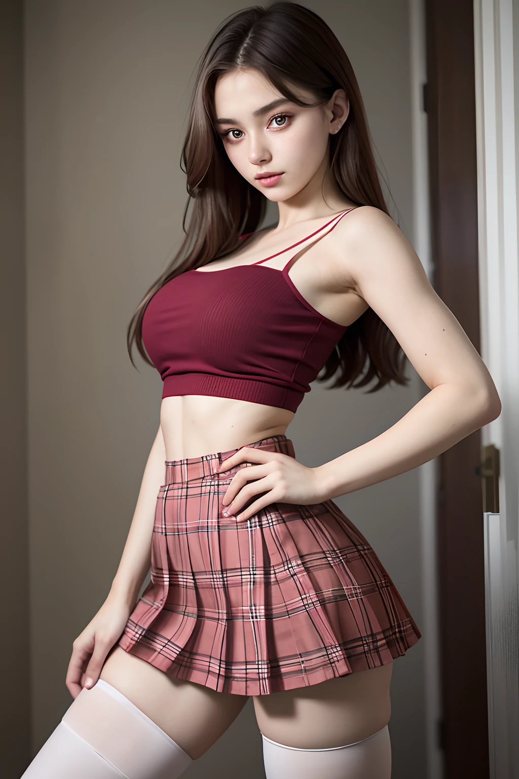 a beautiful 17yo Ukraina woman, spaghetti strap tanktop, High waist short plaid skirt , thighhighs