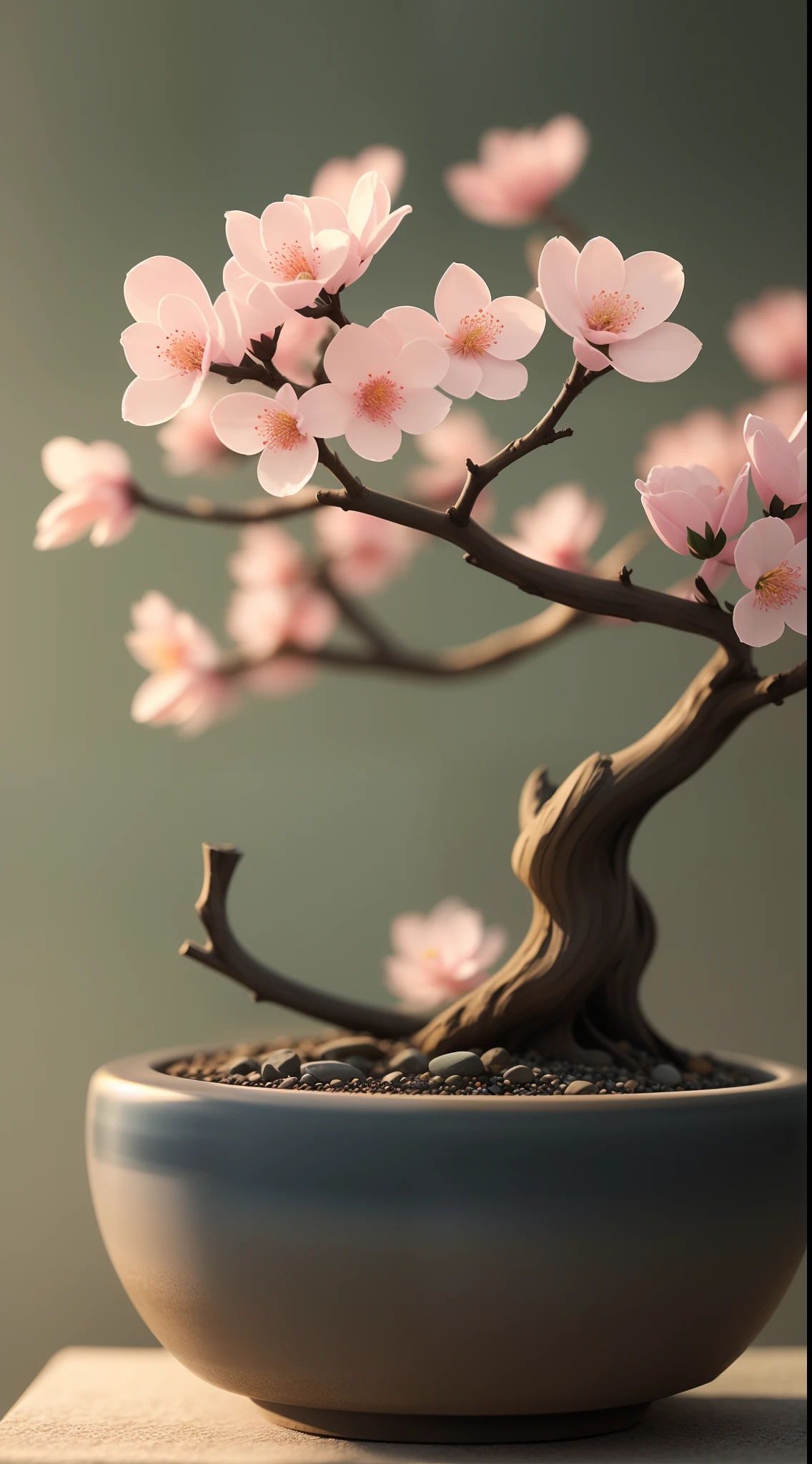 A plant, potted, still-life, Winters, peach blossom, Rock garden, Bonsai will, haze, Exquisite details, super exquisite details, complexdetails, Cinematic style, hyper realism soft light, Evening sun illumination, diffused soft light, shallowdepthoffield, Sharp focus bokeh, Ray traching, sub surface scattering, the ultra-detailed(复杂、meticuloso、Super refined)the detail, ultra-realistic realism.