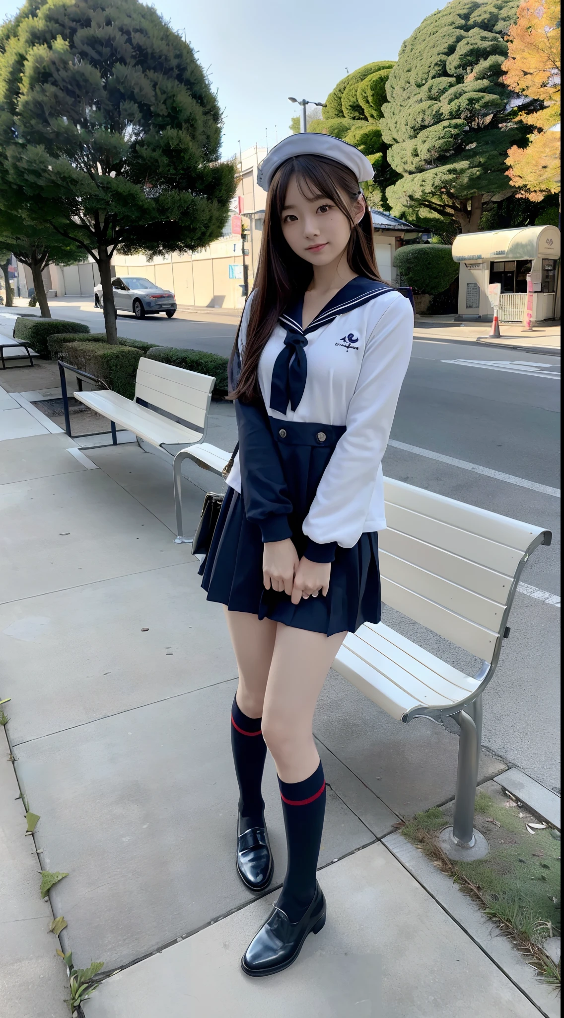 mix4, (16 K, Raw photography, Top image quality, ​masterpiece: 1.45), (realisitic, Photorealsitic: 1.37), one girls, 7．5, etc、Standing figure，cute little, A city scape,, profetional lighting, photon maping, Cityscape with street trees, physically-based renderingt, Gradient dark brown hair,, a handsome, Well-groomed and beautiful eyes、Large double eyelids、Very shiny、girl with, (((student clothes、Long sleeve sailor suit worn by Japan schoolgirl、red cuffs、Dark blue mini skirt, Small gray beret、Dark blue knee-high socks、Black loafers))), Top Quality Photos, hight resolution, 1080p, (clearface), (Detailed face description), (Detailed hand description), (​masterpiece), (Exquisite CG)、extreme light and shadows、dishevled hair、master work、abundant detail、(Fine facial features)、(top quality photo)、(masuter piece)、(A detailed eye)、Look in front of you、Fine clavicle、((Slender big))、(((Japan schoolgirl in long-sleeved sailor suit)))、((Ready Idol System))、((Boulevard with street trees、Bus stop、timetable、Benches))、(Shooting from random perspectives)、(((Anyway cute)))、耳Nipple Ring、A big smile、Drawing the whole body from the knees、Do not draw nasolabial folds、(((shopping bags)))、(Big breasts that hang down big:0.7)、Big buttocks with tension、Two arms and two legs、(((from the front side:0.5)))、bare hand、