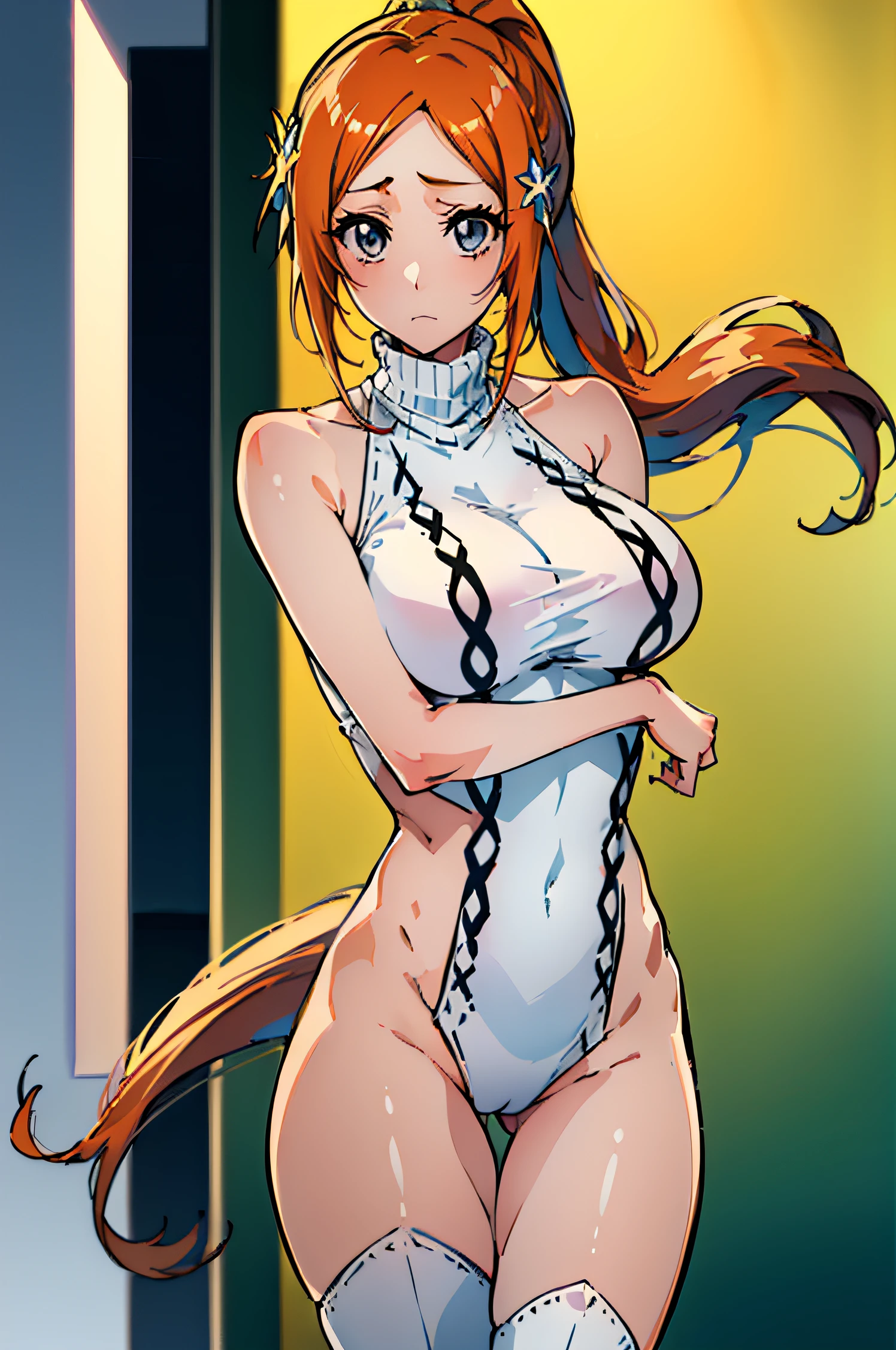 (masterpiece, best quality:1.2), cowboy shot, solo, 1girl, orihime inoue, sexy, NSFW, virgin killer sweater, revealing outfit, open back, sexy back, sleeveless, minimal clothing, ponytail, beautiful, wardrobe malfunction, absurdres, high res, ultrasharp, 8k, masterpiece