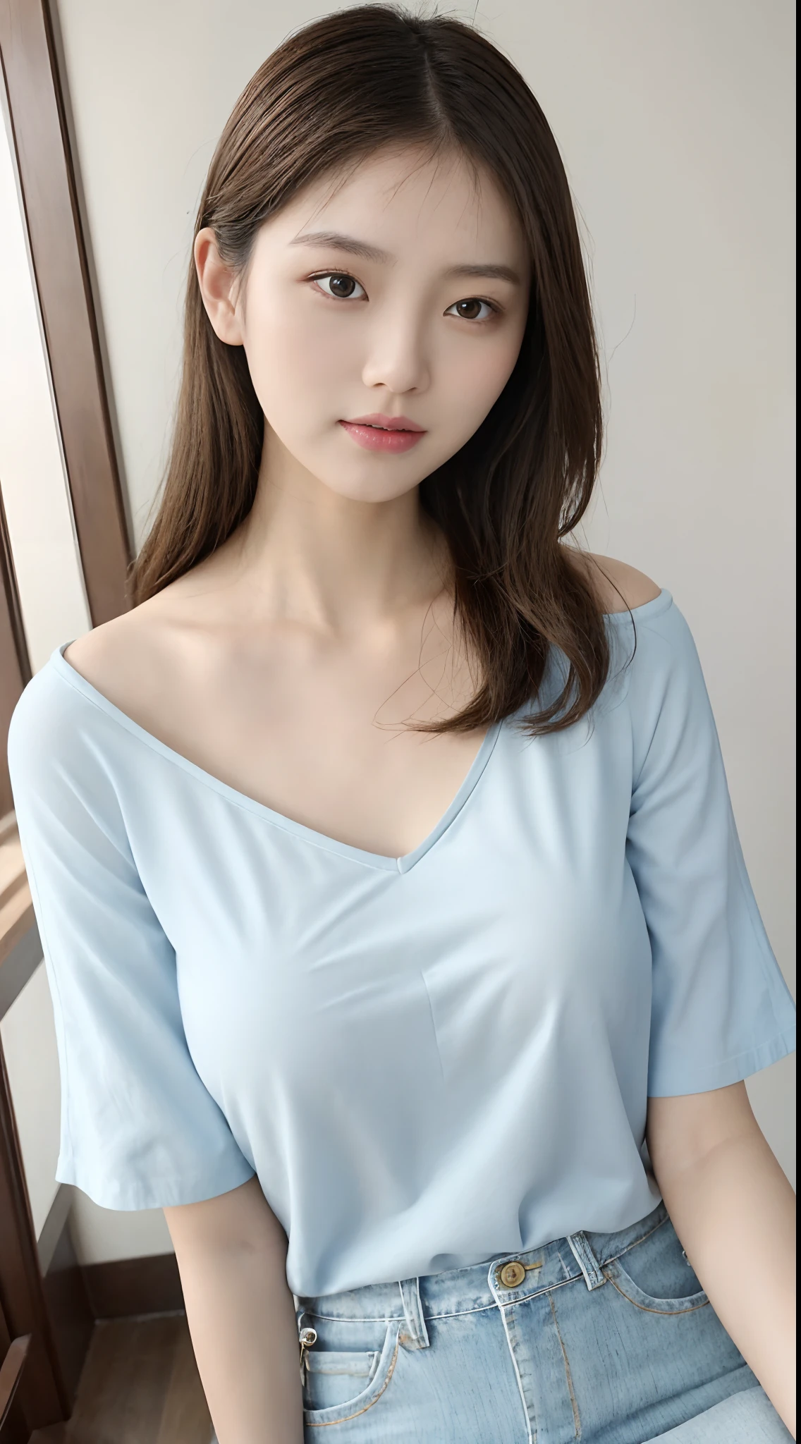 Beautiful and charming woman in fashion trend, gentle and lovely Chinese beautiful woman, Big breasts, delicate sexy collarbone, charming goose egg face, Double eyelids, flexible peach blossom eyes, Pink lips, small upturned nose, Bare shoulders, Focused face, Face Close-up, The ultra -The high-definition, Super Detail, fully body photo, ultra-thin translucence, with this light blue denim skirt with beige T-shirt, gentle light color sex with white and beautiful skin, outstanding temperament, Moreover、The whole matching elastic combination is also very revealing, Sheer are visible,