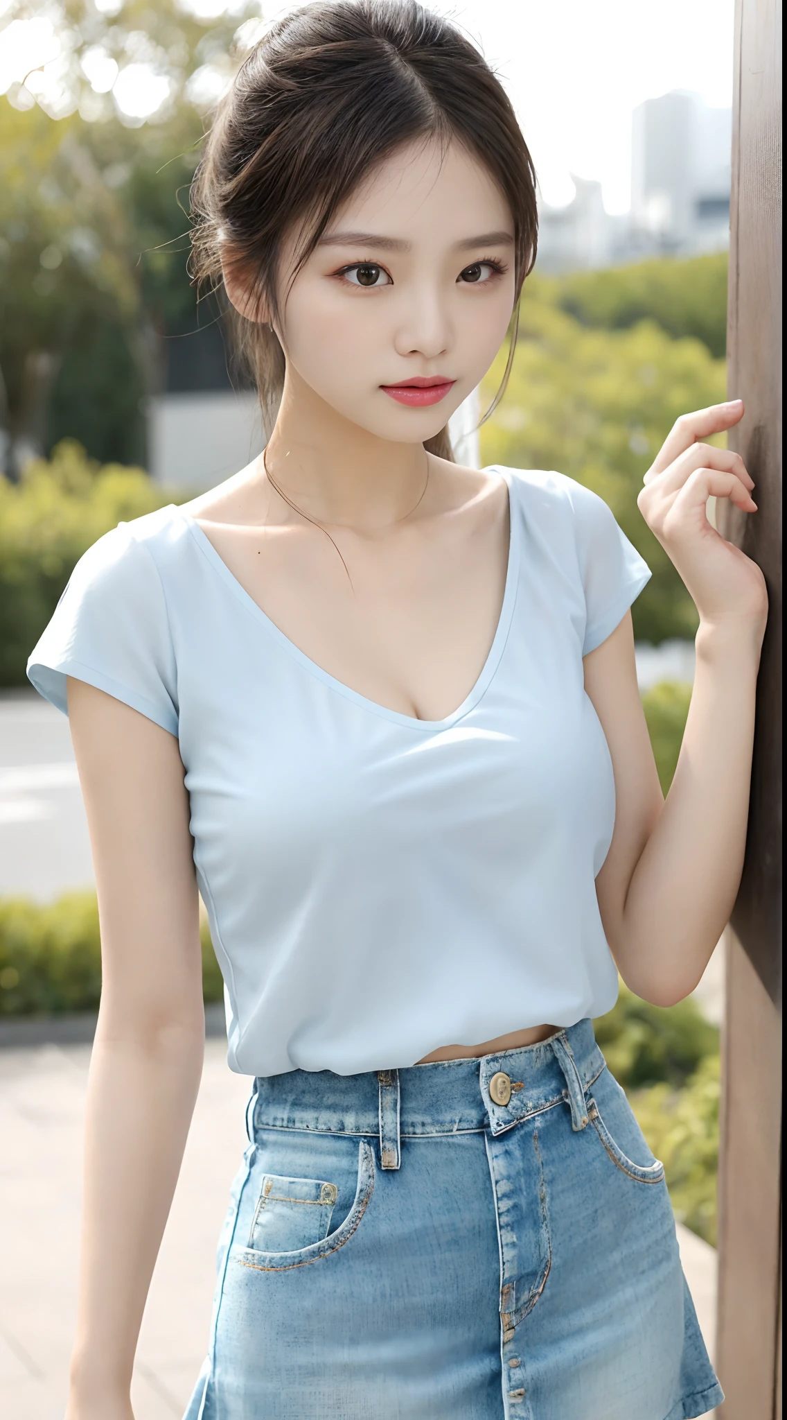 Beautiful and charming woman in fashion trend, gentle and lovely Chinese beautiful woman, Big breasts, delicate sexy collarbone, charming goose egg face, Double eyelids, flexible peach blossom eyes, Pink lips, small upturned nose, Bare shoulders, Focused face, Face Close-up, The ultra -The high-definition, Super Detail, fully body photo, ultra-thin translucence, with this light blue denim skirt with beige T-shirt, gentle light color sex with white and beautiful skin, outstanding temperament, Moreover、The whole matching elastic combination is also very revealing, Sheer are visible,