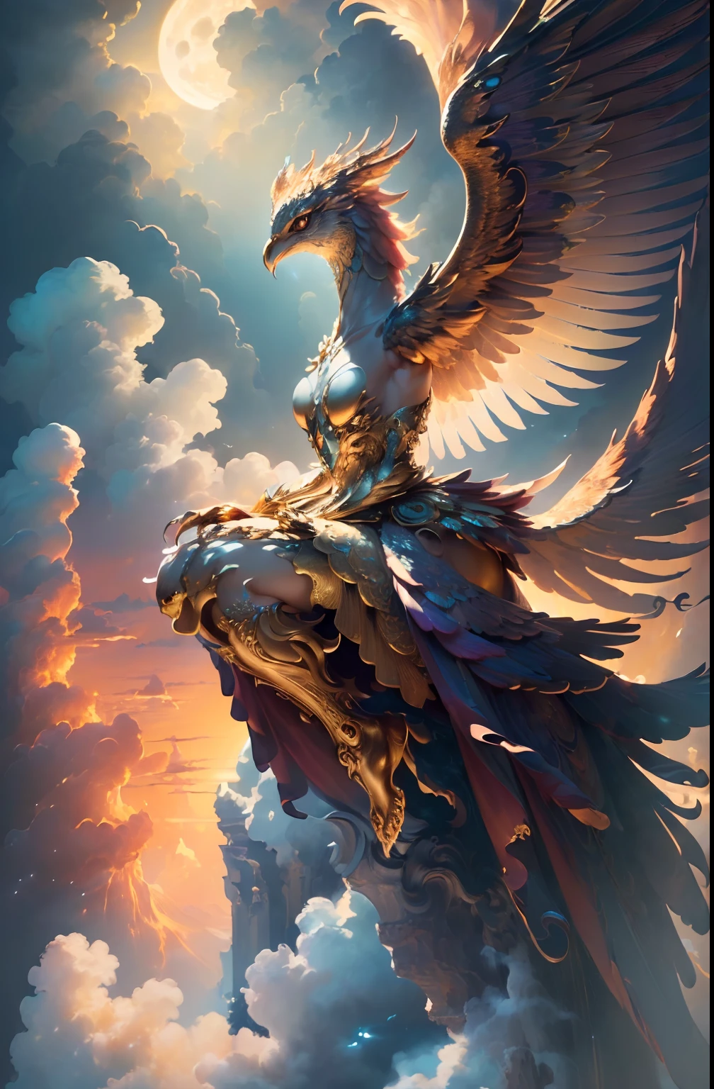 (((Excellent)), ((Masterpiece)), (detailed), Phoenix, Perched in the Clouds, (Real photo: 1.3), Expressionless, anthropomorphic expression, delicate wings, Nine tails, full body golden light, otherworldly charm, Mysterious sky, realistic details, real world, moonlit night, pastel colors, (detailed cloud view: 1.3), (high resolution: 1.2)