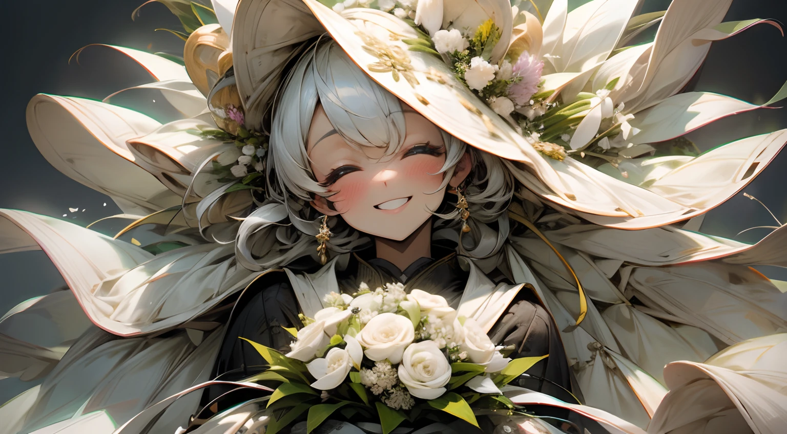 Bride with bouquet、Beautuful Women、Super super huge big、smil