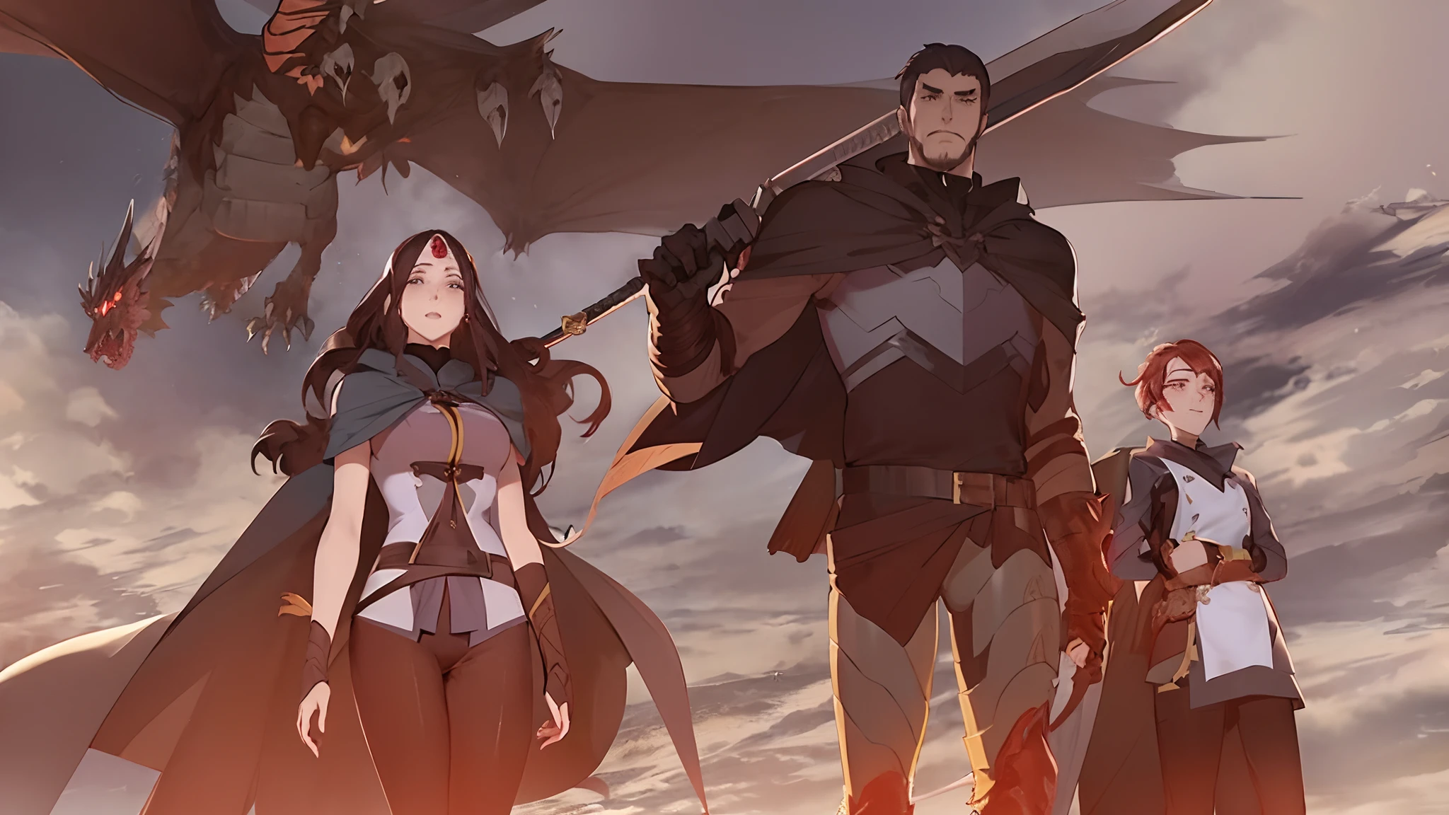 anime characters standing in front of a dragon and a man, krenz cushart and artem demura, krenz cushart and asher duran, krenz cushart and artgerm, artgerm and atey ghailan, today's featured anime still, krenz cushart and wenjun lin, key art, promotional art