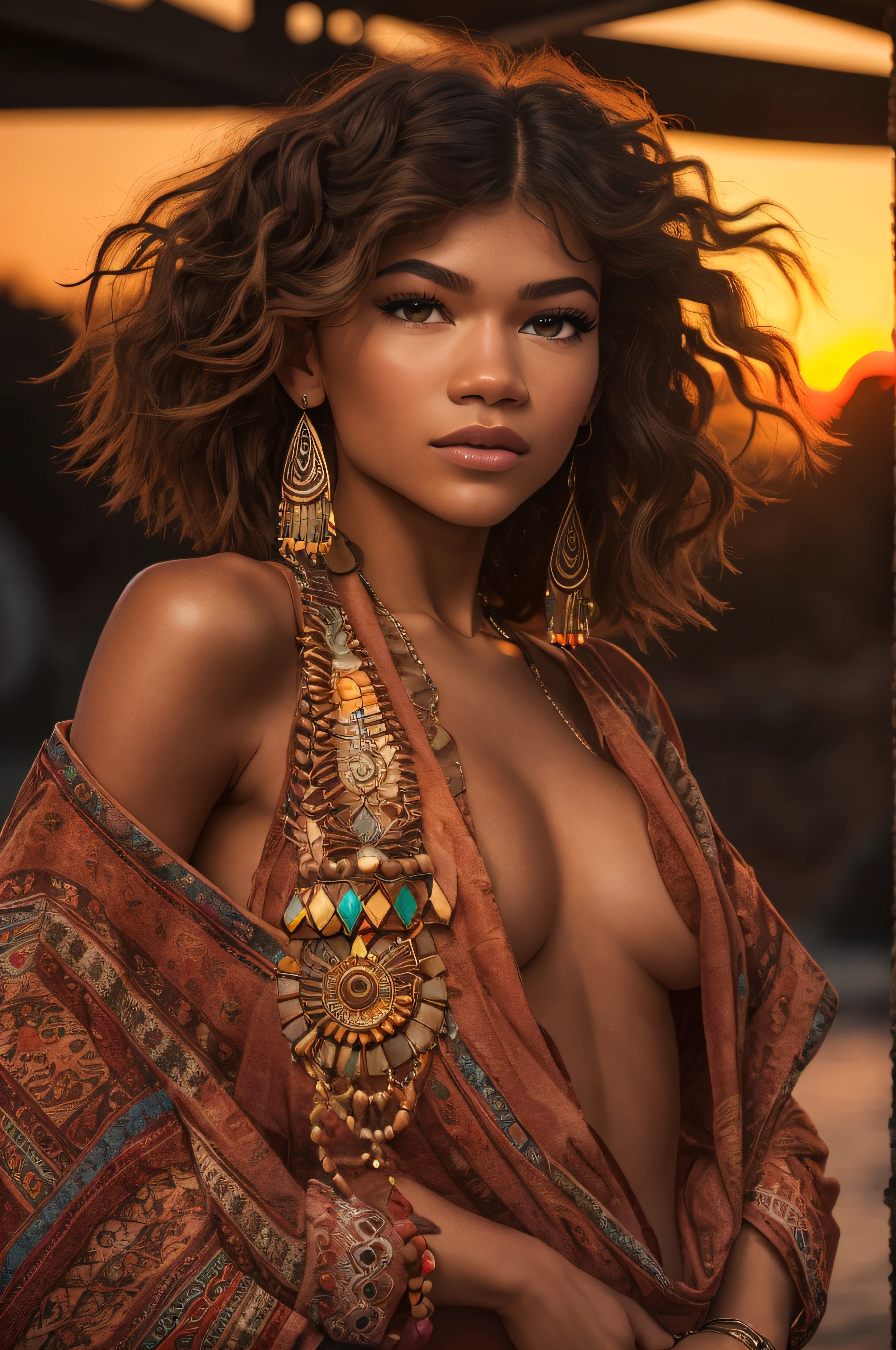 Zendaya is a beautiful naked woman. gigantic breasts. In ragged clothing called in Aztec jewelry on. sunset behind her. Dramatic lighting. Photographed on Sony a7 iv. 12k ultra HD