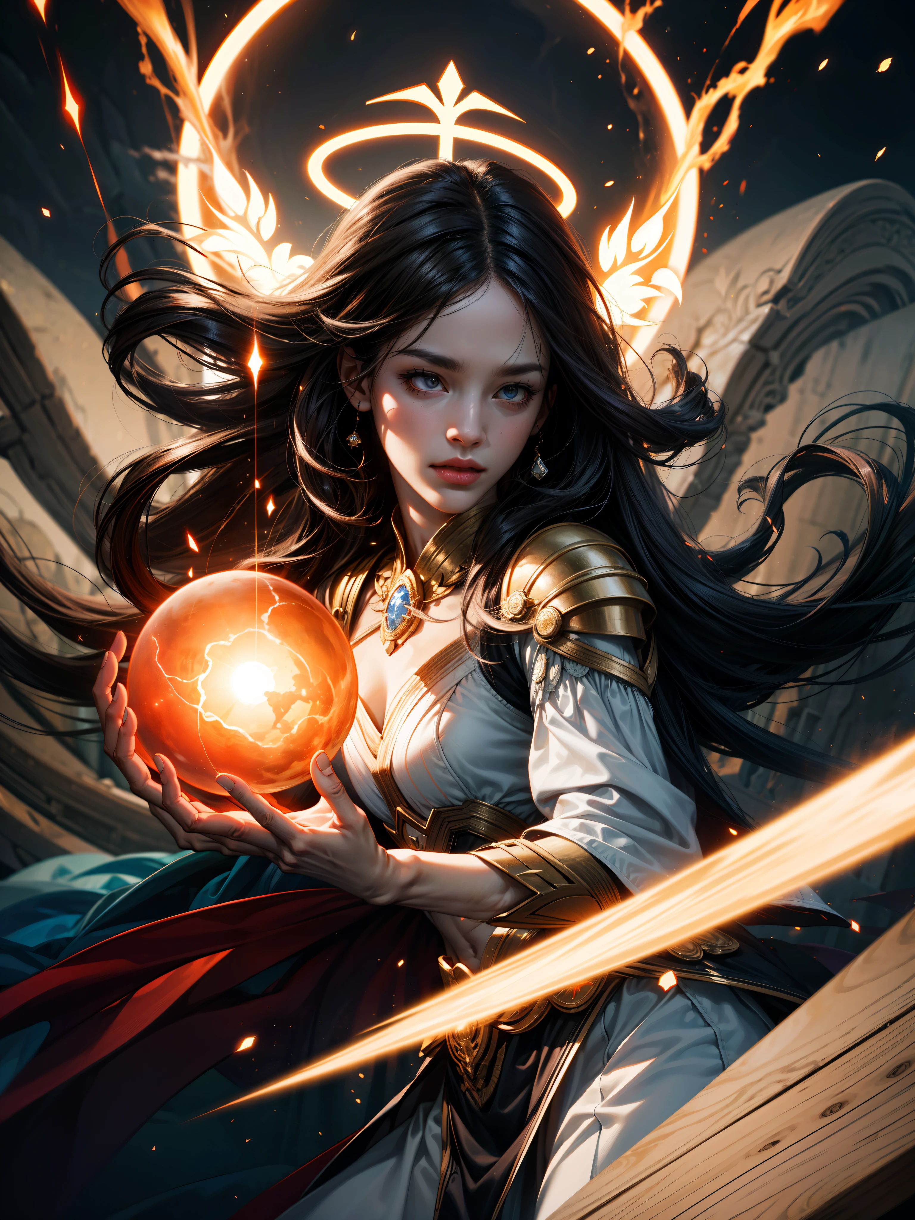 persephone, action scene, elemental goddess throwing charged up thunder energy sphere, showing skills, elden ring, halo, in fire, fiery atmosphere, masterpiece, best quality, realistic, fujifilm gfx 100, UHD