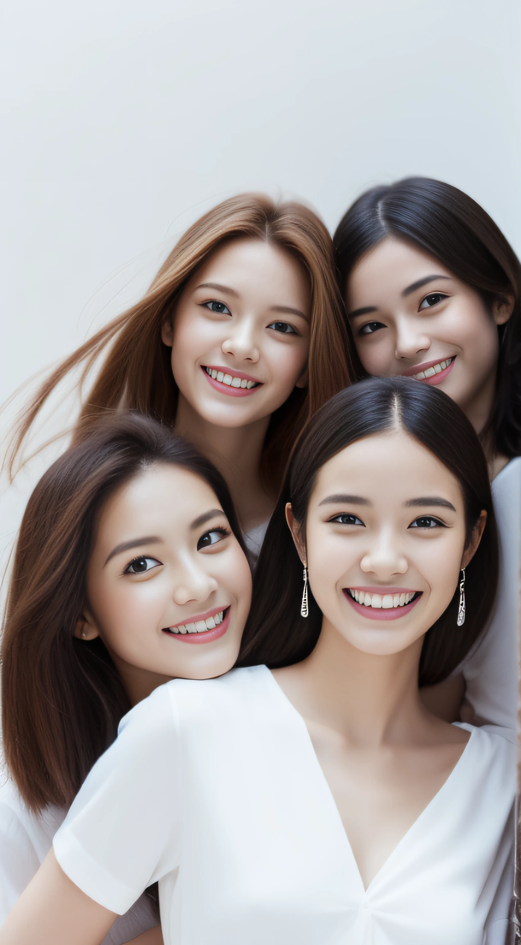 fashion modell、group、white shirt、hiquality、A hyper-realistic、healthy、Smiling expression、Slender perfect figure、Japan beauties、beautidful eyes、face perfect、Beautiful skin、Blue and white wall background
