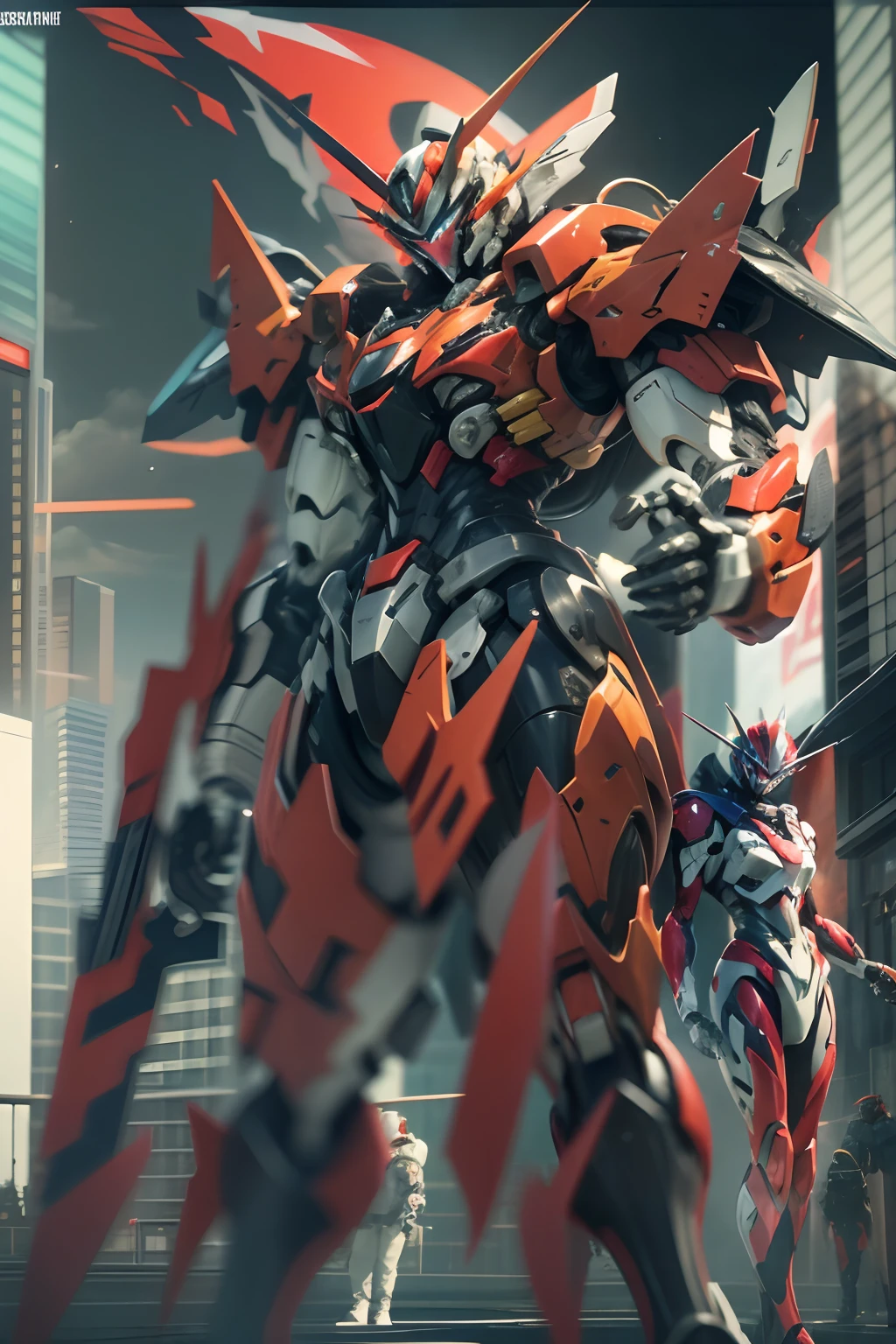 Close-up of a robot with a sword and a red and white suit, modern mecha anime, Japan Tekkaman Blade, a Knight of the Romantic Universe,anime robotic mixed with organic, mecha anime, anime large mecha robot, cool mecha style, eva unit 0 1, anime robots, Extreme Gundam, full body mecha suit,Mecha, sharp high quality anime, evangelion third impact inspired,hyper HD, Ray traching, reflective light,structurally correct, Award-Awarded, High detail, Fade-in and fade-out shadow contrast, Face lighting ,Cinematic lighting, Masterpiece, super detailing, High quality, High detail, Best quality, 16k,High contrast