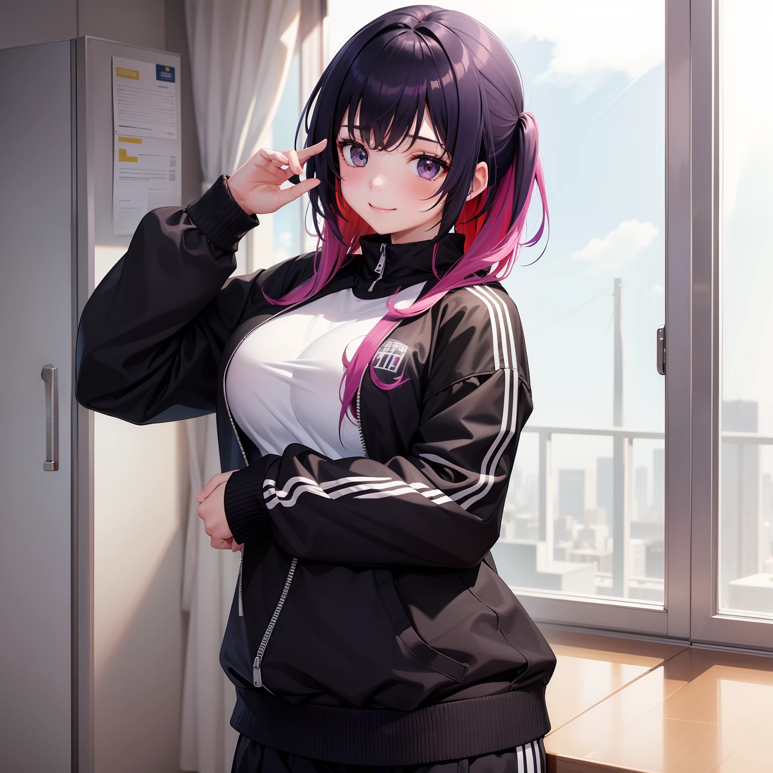 Girl in track jacket、girl、Erotic cute、a smile、multicolored hair、top-quality、masterpiece、超A high resolution、huge tit、beautiful a girl、Excellent style、
