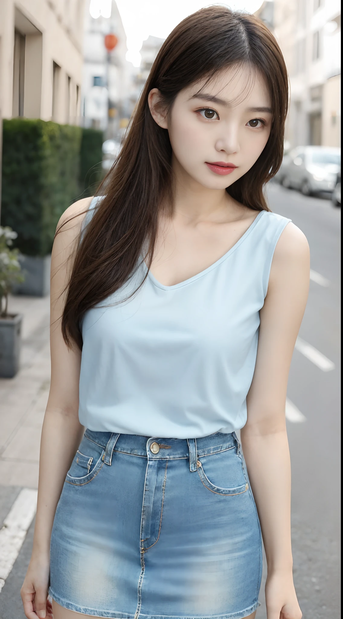 Beautiful and charming woman in fashion trend, gentle and lovely Chinese beautiful woman, Big breasts, delicate sexy collarbone, charming goose egg face, Double eyelids, flexible peach blossom eyes, Pink lips, small upturned nose, Bare shoulders, Focused face, Face Close-up, The ultra -The high-definition, Super Detail, fully body photo, ultra-thin translucence, with this light blue denim skirt with beige T-shirt, gentle light color sex with white and beautiful skin, outstanding temperament, Moreover、The whole matching elastic combination is also very revealing, Sheer are visible,