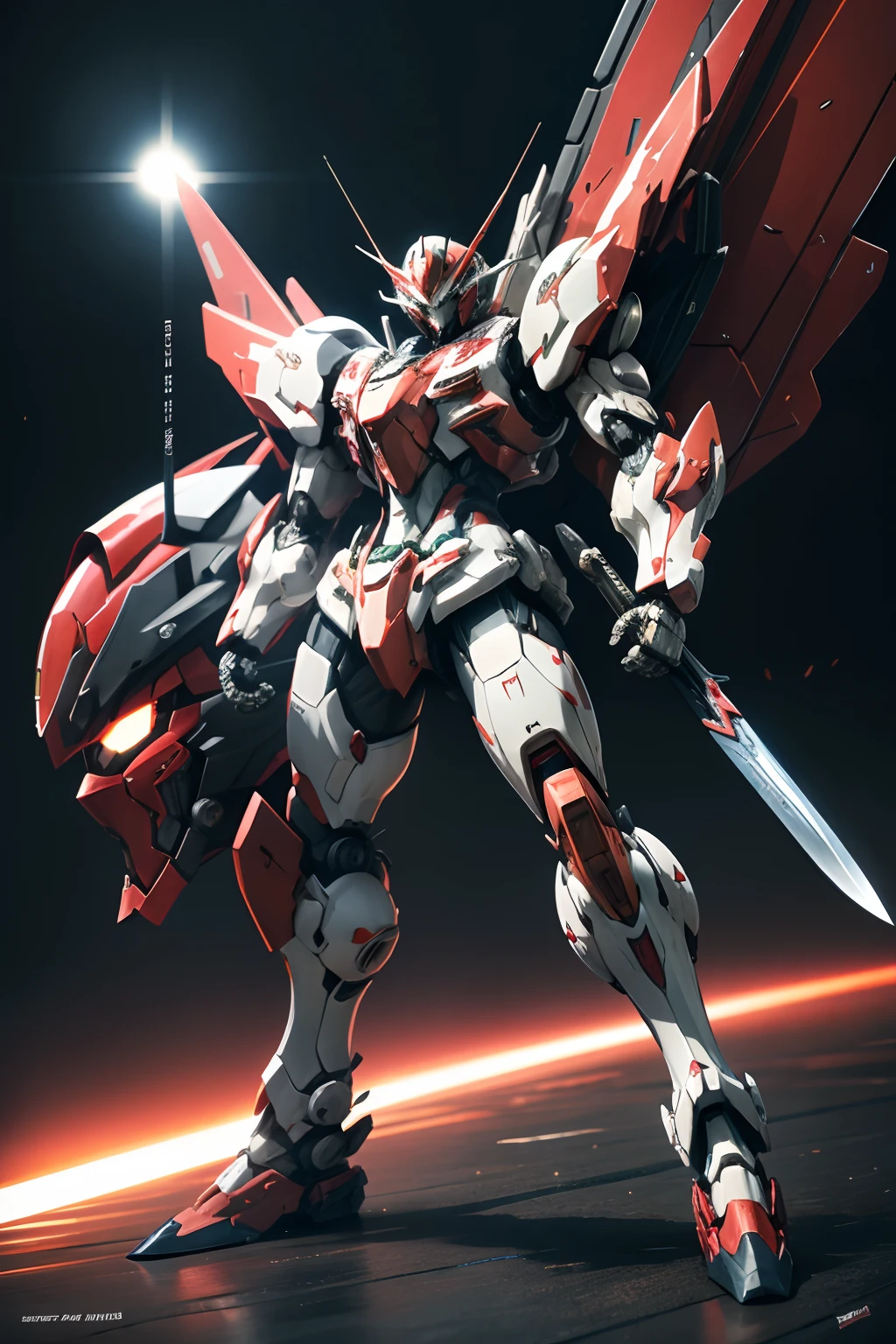 Close-up of a robot with a sword and a red and white suit, modern mecha anime, Japanese ironclad knife, Knight of the romantic universe，anime robotic mixed with organic, mecha anime, anime large mecha robot, cool mecha style, eva unit 0 1, anime robots, Extreme Gundam, full body mecha suit,Mecha, sharp high quality anime, evangelion third impact inspired