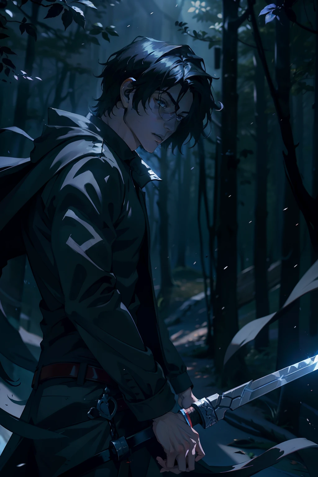 25-year-old man shrouded in an air of mystery and darkness. Lleva ropa oscura que parece fusionarse con las sombras que lo rodean.. Su cabello es negro como la noche y sus ojos brillan con una intensidad salvaje.. Wield a great sword, acute as your own determination. Se mueve con agilidad y gracia, sliding through the shadows as an extension of them. Estilo de arte del juego Moba.