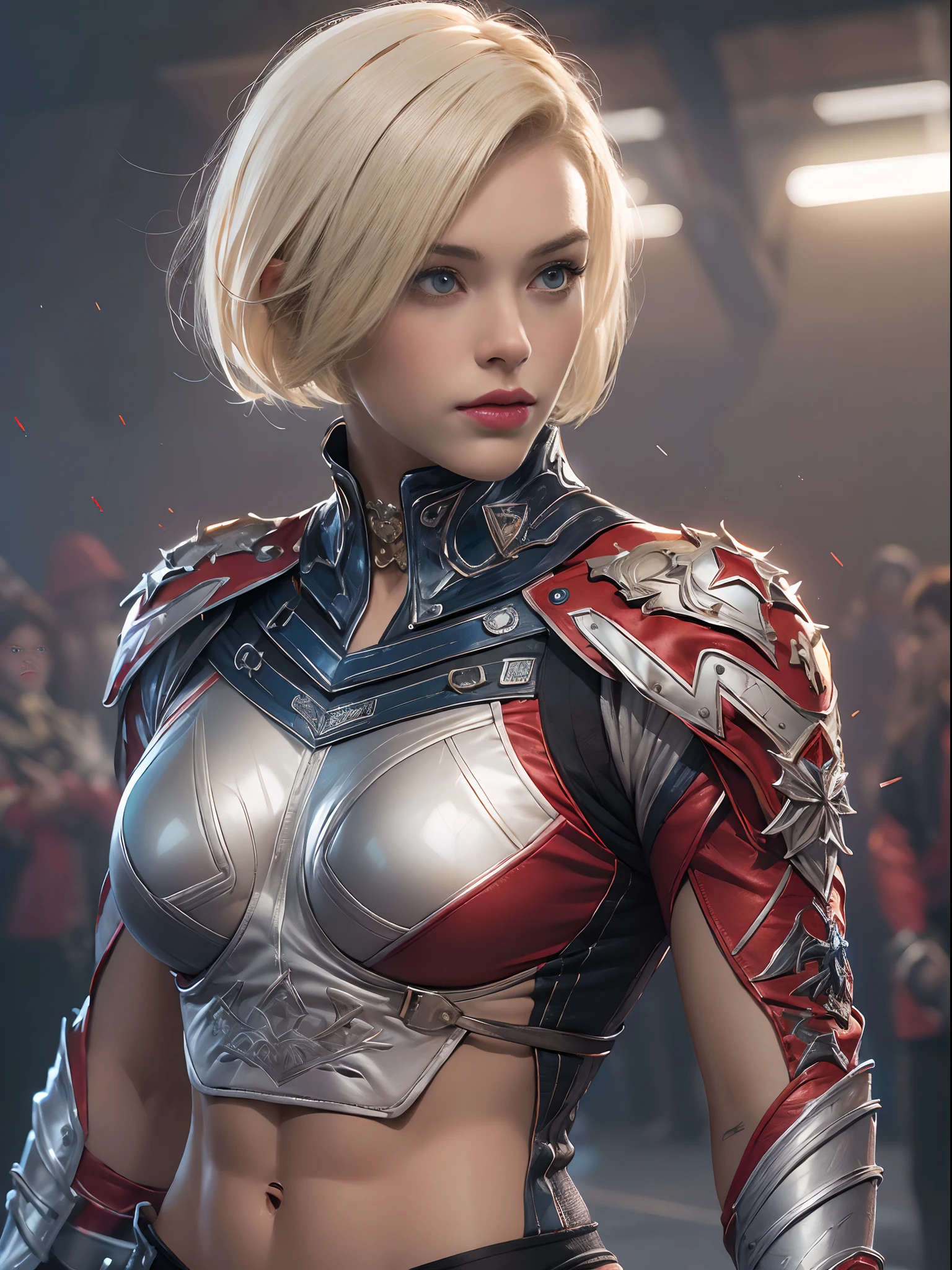 (((of the highest quality: 1.4))),(unparalleled masterpiece ever), (Ultra high definition),(Ultra-realistic 8K CG), offcial art、 (((adult body))), (((1girl in))), ((( Bob Shorthair ))), 25-year-old female wrestler with perfect body, Detailed professional wrestling costumes,Beautiful and well-groomed face,,Detailed jacket, (Image from head to thigh),(( White Blonde Bob Shorthair )), Small leather panties, Simon Bisley's urban savage style,muscular body:1.2, Detailed ring background,Clean abs, Complex graphic gauntlets, Dark red with white stars and blue and white stripes, s Armor, Poison tattoo ),spot light ,