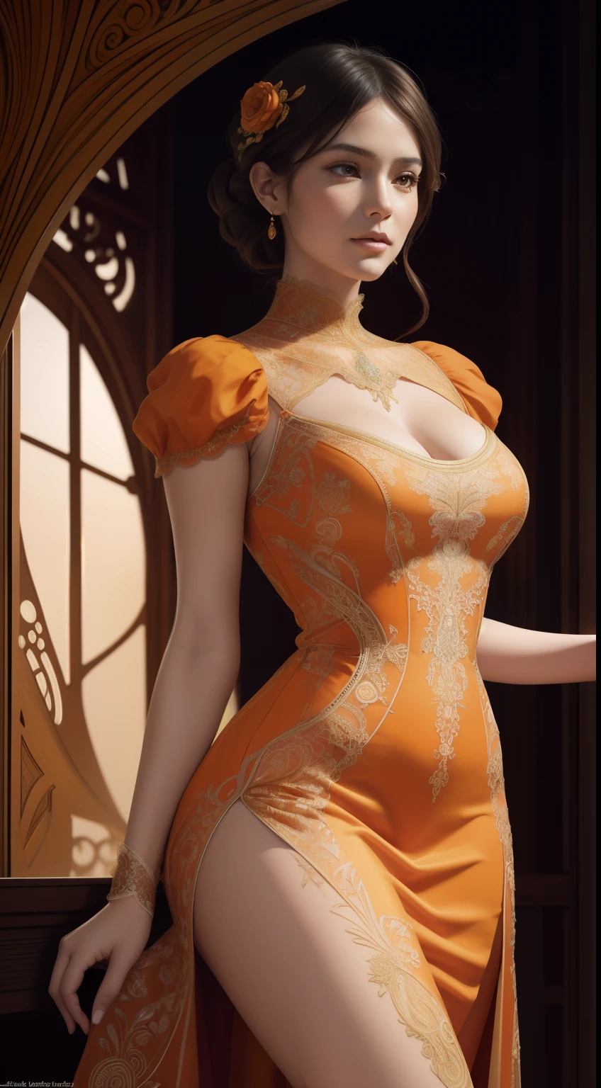 Close-up of a woman in an orange tights on board, a digital rendering inspired by Hedi Xandt, Tumblr, Art Nouveau, Delicate orange dress, Elaborate dress, Dressed in orange delicate lace, intricate body, intricate fantasy dress, intricate outfits, Luxury dress, an intricate dress, intricate detailed dress, extravagant dress, Intricate and detailed lace set