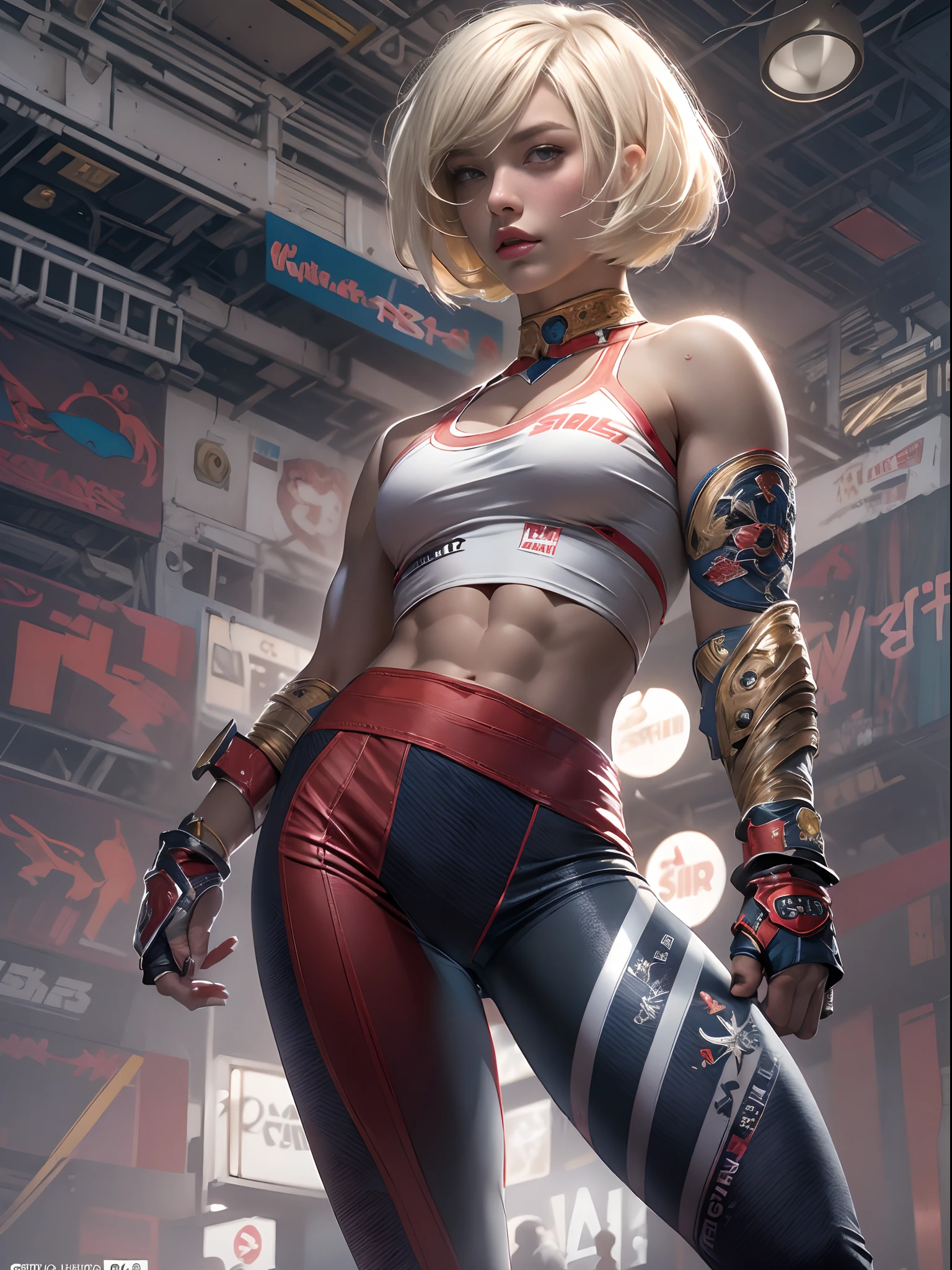 (((of the highest quality: 1.4))),(unparalleled masterpiece ever), (Ultra high definition),(Ultra-realistic 8K CG), offcial art、 (((adult body))), (((1girl in))), ((( Bob Shorthair ))), 25-year-old female wrestler with perfect body, Detailed professional wrestling costumes,Beautiful and well-groomed face,,Detailed jacket, (Image from head to thigh),(( White Blonde Bob Shorthair )), Small leather panties, Simon Bisley's urban savage style,muscular body:1.2, Detailed ring background,Clean abs, Complex graphic gauntlets, Dark red with white stars and blue and white stripes, s Armor, Poison tattoo ),spot light ,