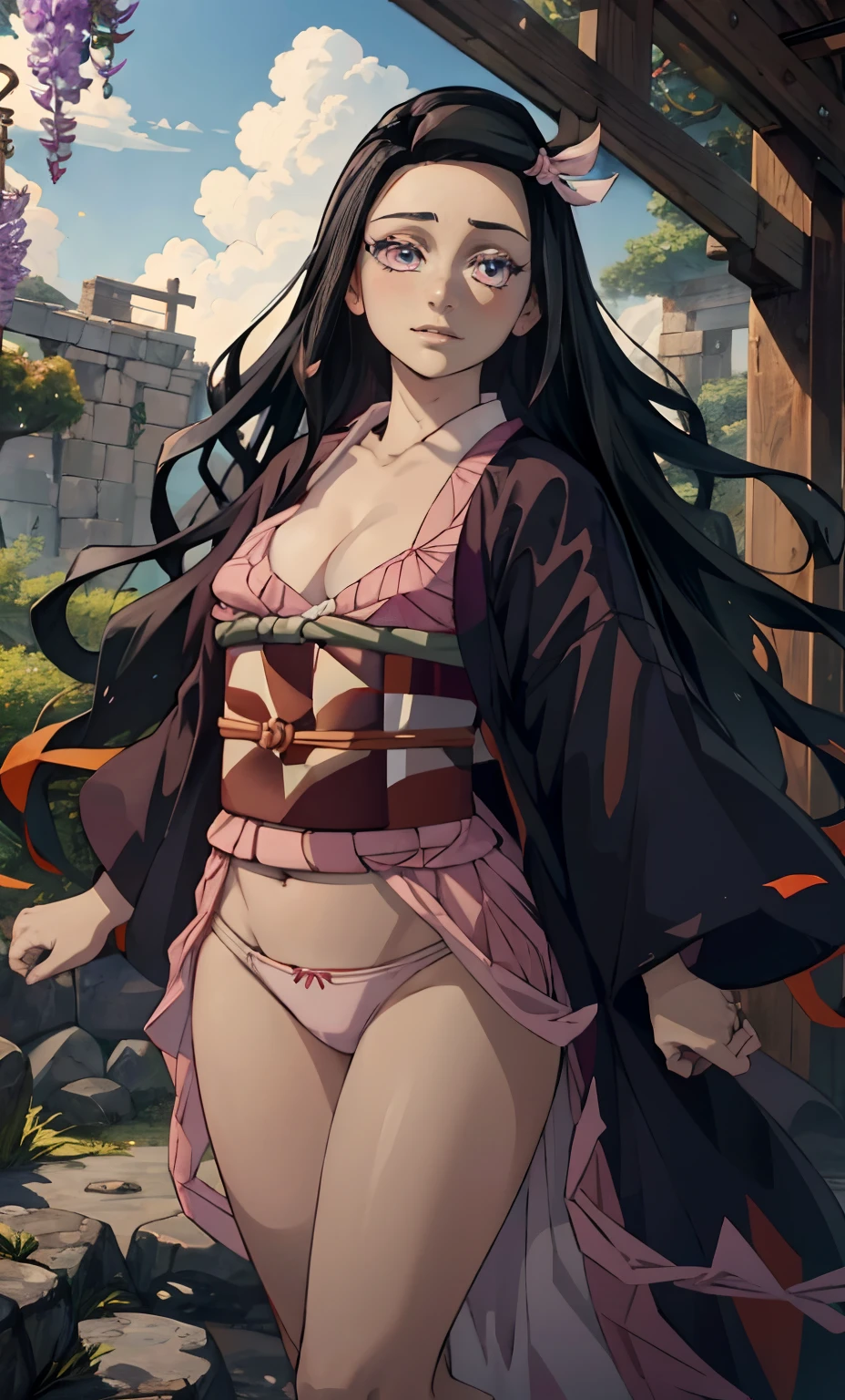 rialistic photo、Real Images、Top image quality、​masterpiece, (Pink kimono), seductived faced, Kamado nezuko with horns、The hem is disheveled, revealing white panties.、A sexy、Crotch open、blanche、good lighting, beautiful thigh、adult appeal、Adults、Big、cleavage, finely detail, ​masterpiece,I can see my panties、 radiant eyes, 1girl in, A dark-haired, SUCK, Kamado Nezuko, wisteria background, ​masterpiece, top-quality, POV,,