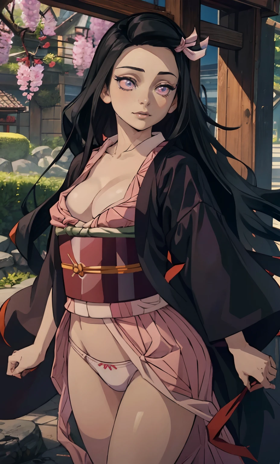 rialistic photo、Real Images、Top image quality、​masterpiece, (Pink kimono), seductived faced, Kamado nezuko with horns、The hem is disheveled, revealing white panties.、A sexy、Crotch open、blanche、good lighting, beautiful thigh、adult appeal、Adults、Big、cleavage, finely detail, ​masterpiece,I can see my panties、 radiant eyes, 1girl in, A dark-haired, SUCK, Kamado Nezuko, wisteria background, ​masterpiece, top-quality, POV,,