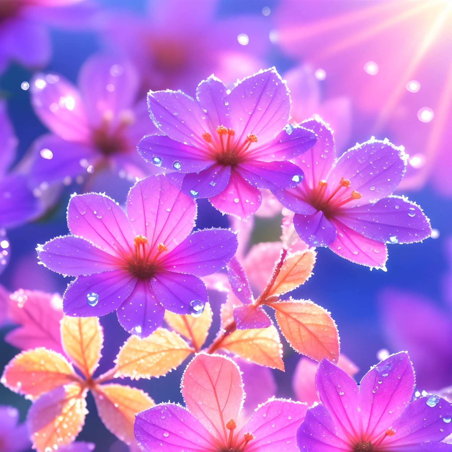 blue-violet flowers with dew drops, pink leaves and stems, frost, frosty golden ice, peach color background, glow, sun rays and glare, high detail, full detail, high resolution, glow, rendering , photorealistic, 55 mm, volumetric lighting, ray tracing, reflections