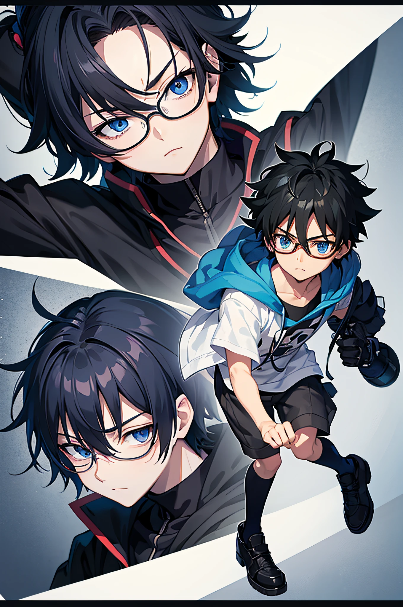 full body, High school boy, black hair, blue eyes, anime, 4k, similar to killua from the anime hunter x hunter, with glasses