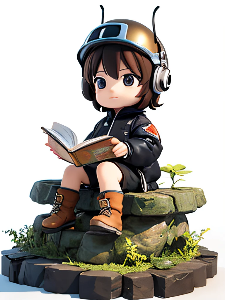 人物: 10 year old boy, Short brown hair, Black eyes, helmet on，Wears a mechanical style jacket with gears and brown boots，sitting on the stone，steins，Sit Pose，sitting on the stone，On his lap was a book spread out，On the knee is a book spread out at different angles, Different Perspectives, Fantastic ladybug style, White background -- 3:2, Character styling，Pop Mart's super cute little boy IP， A chubby face, Chinese style, full bodyesbian, Clean background, Studio light, Hyper-detailing，3D, c4dblender，OC renderer, Ultra HD，3d rendered model, a blind box toy, Smooth and delicate, Clean background，a 3D render, Extreme detail, 8K, Extreme clarity, High sharpening, Ray tracing, particle fx, Studio lighting, The Rembrandt effect, HD quality, High-definition color contrast