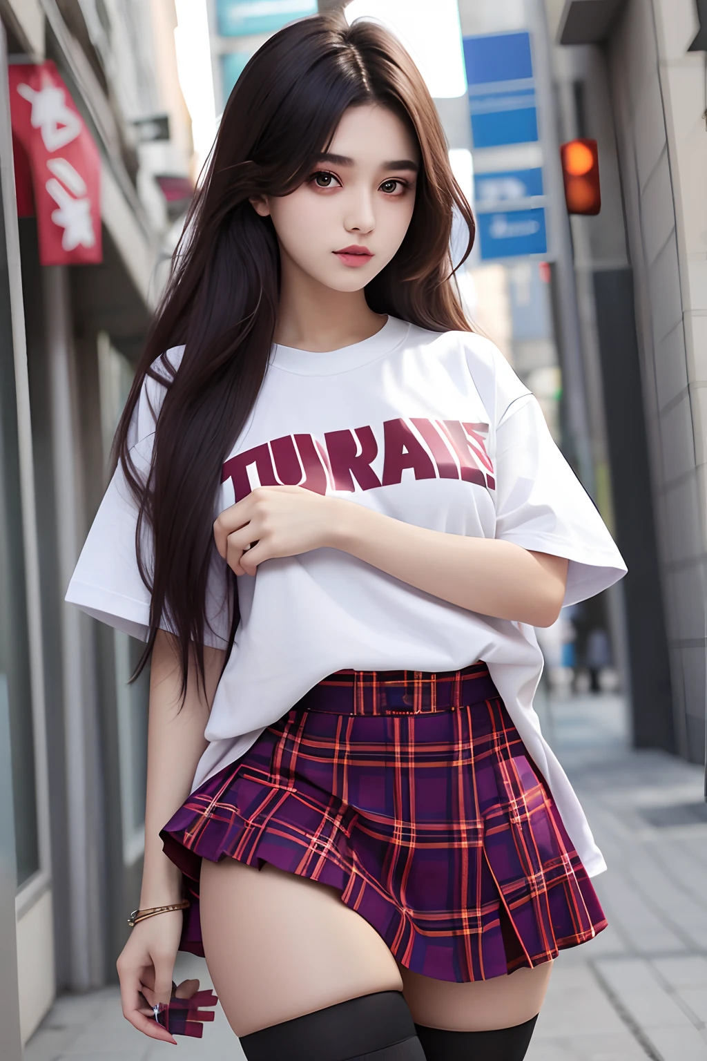 a beautiful 17yo Turki woman,oversize tshirt, High waist short plaid skirt , thighhighs