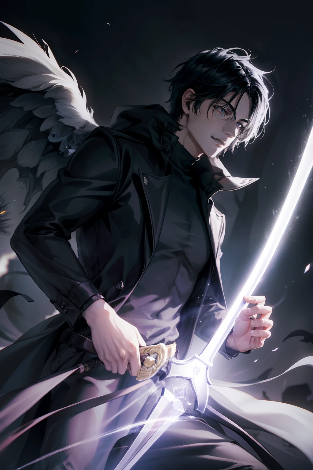 25-year-old man shrouded in an air of mystery and darkness. Lleva ropa oscura que parece fusionarse con las sombras que lo rodean.. Su cabello es negro como la noche y sus ojos brillan con una intensidad salvaje.. Wield a great sword, acute as your own determination. Se mueve con agilidad y gracia, sliding through the shadows as an extension of them. Estilo de arte del juego Moba.