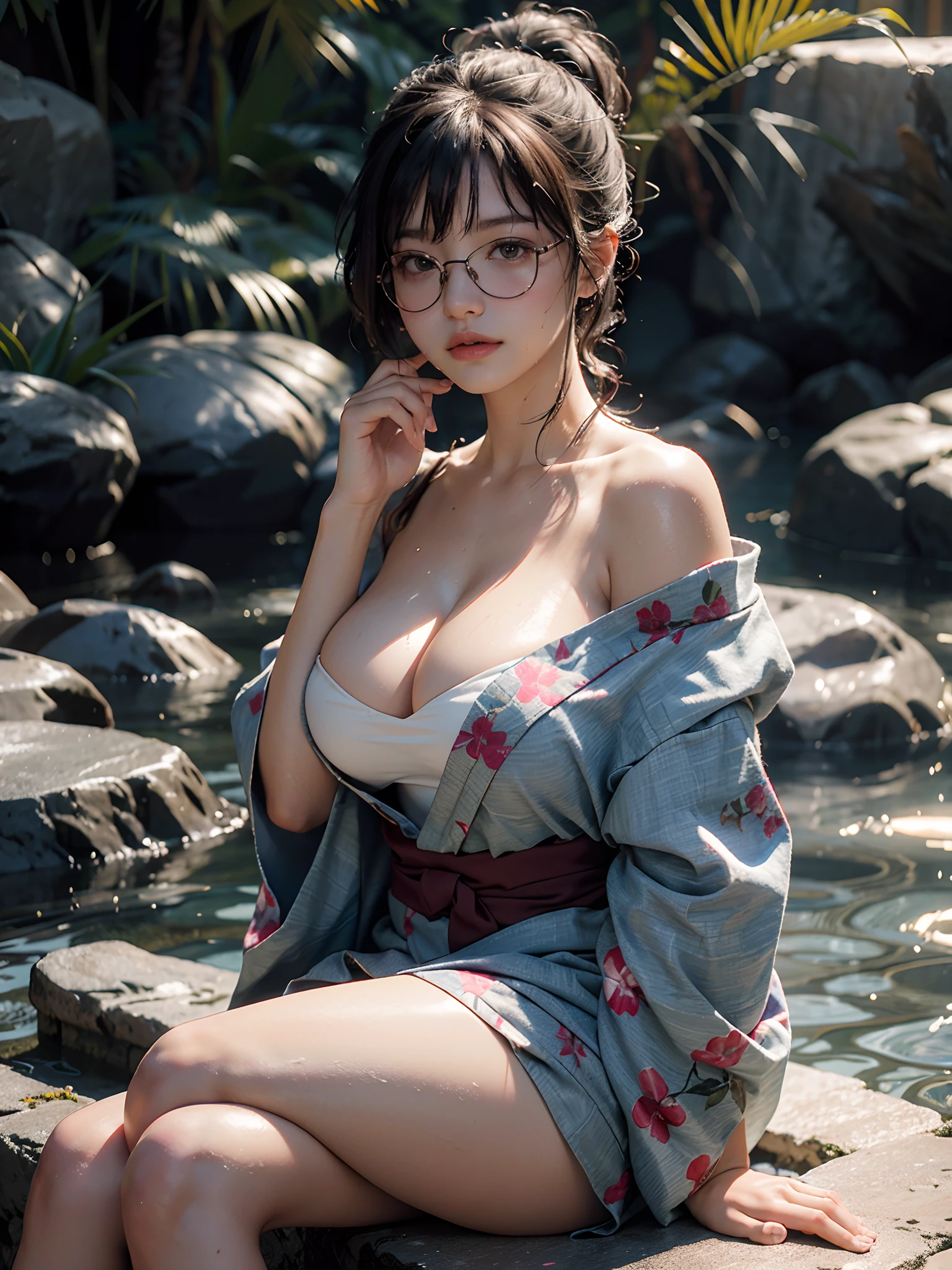 Random posture, (8k, RAW photo, highest quality, masterpiece: 1.2), (realistic, photorealistic: 1.37), ultra high resolution, (photorealistic: 1.4), raw photo, 1 girl, off-shoulder, medium bob, background is onsen, yukata, shoulder visible, hands on chin, sitting, legs crossed, thighs, chiralism, glasses, wet,huge boobs,big ass