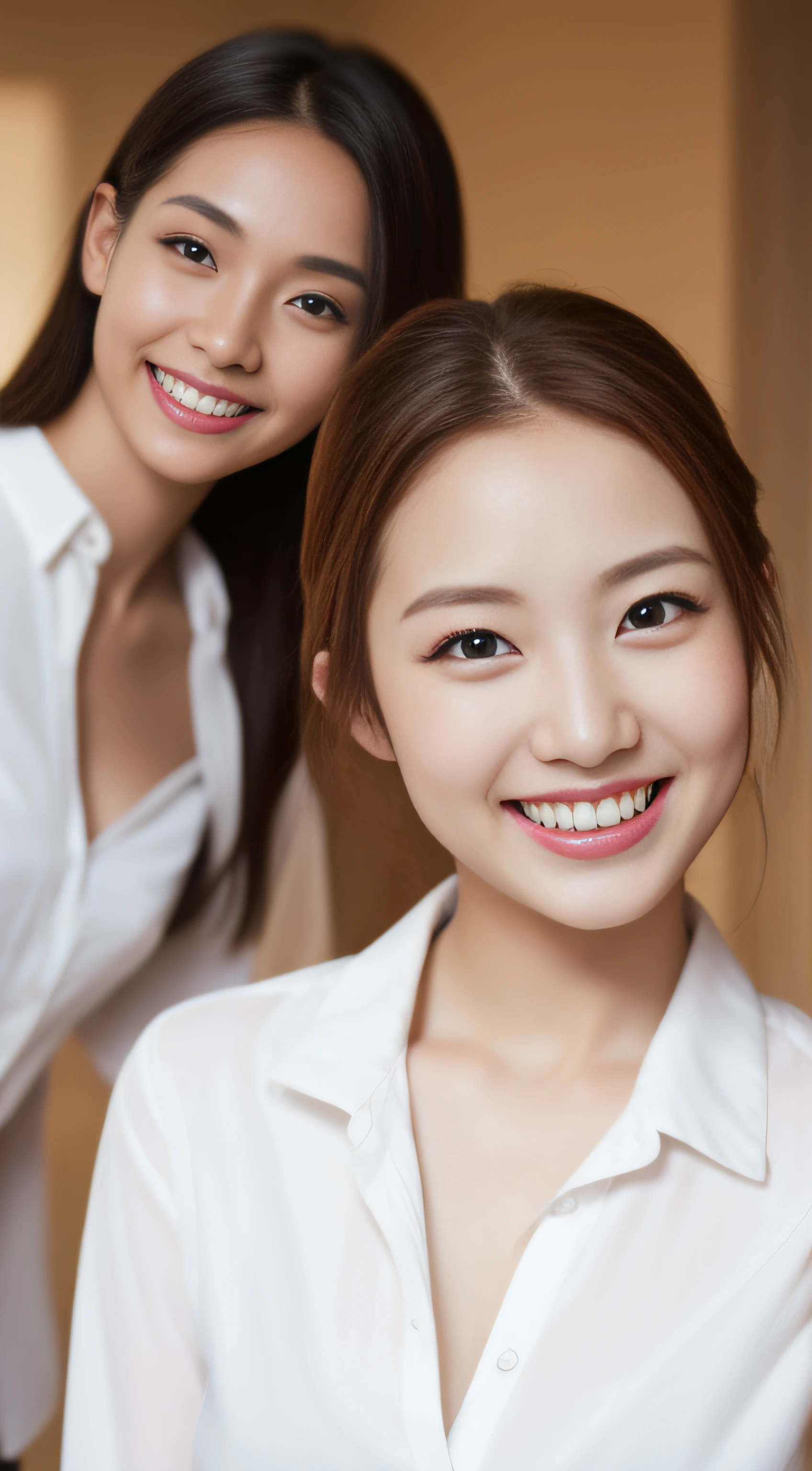 fashion modell、group、white  shirt、hiquality、A hyper-realistic、healthy、Smiling expression、Slender perfect figure、Japan beauties、beautidful eyes、face perfect、Beautiful skin、Pink Room Background