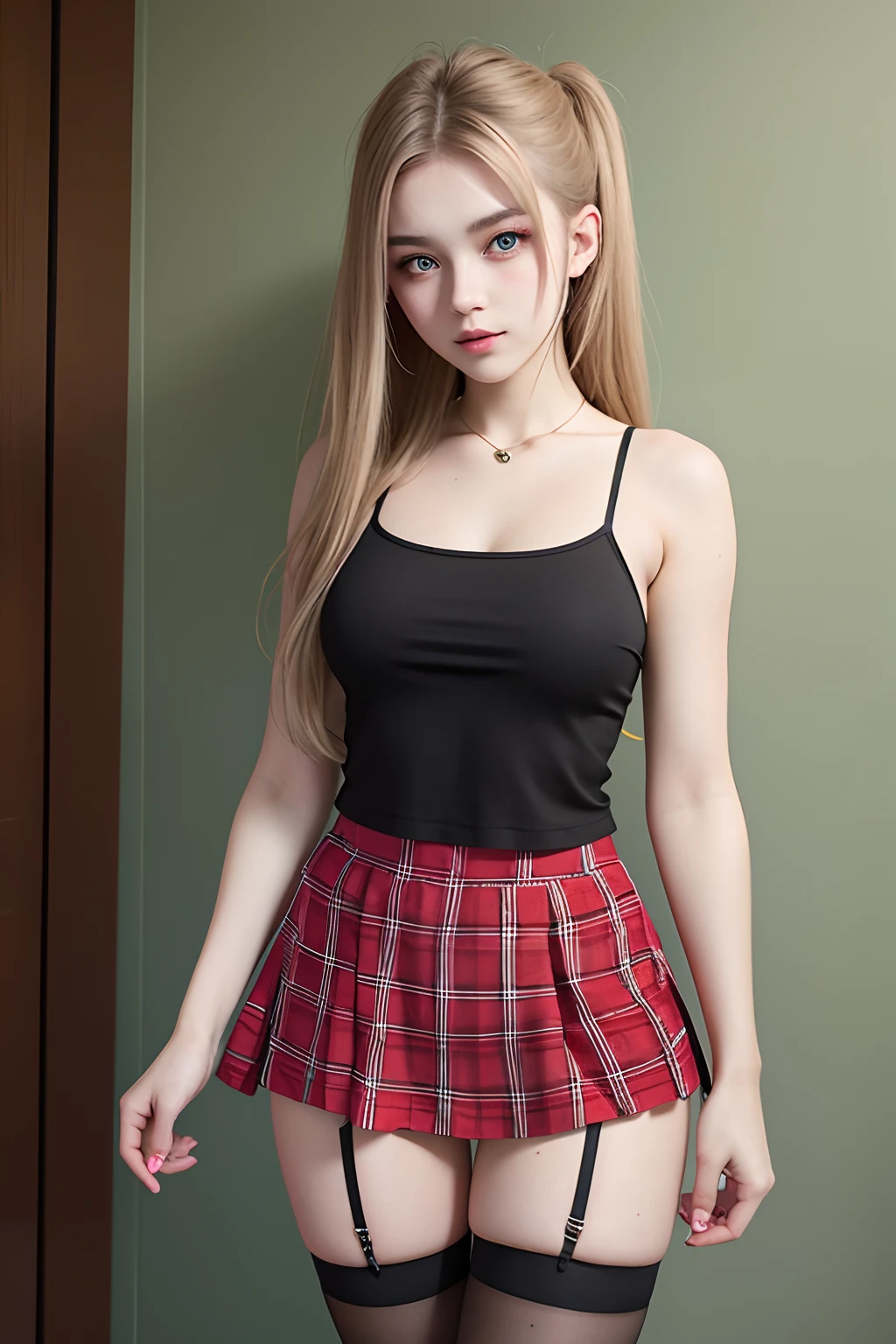 a beautiful 17yo Ukraina woman, spaghetti strap tanktop, High waist short plaid skirt , thighhighs