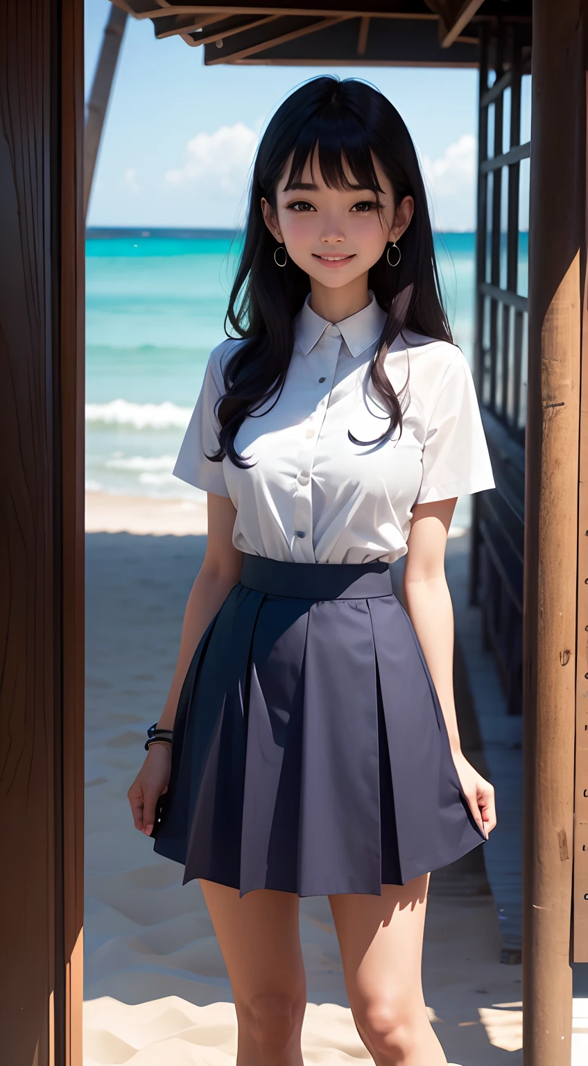 beach, standing straight, head and neck straight, smiling, wearing earrings, dark blue skirt, white short-sleeved shirt,