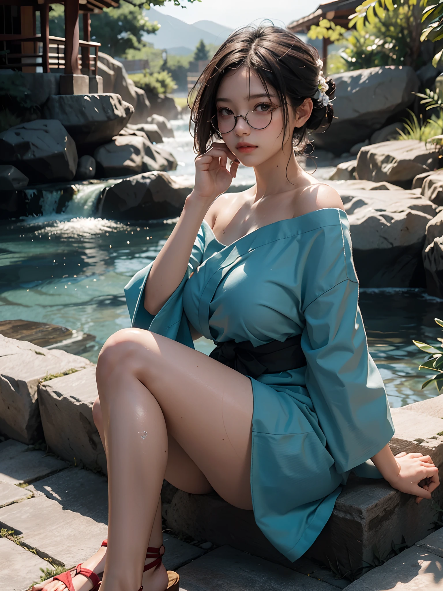Random posture, (8k, RAW photo, highest quality, masterpiece: 1.2), (realistic, photorealistic: 1.37), ultra high resolution, (photorealistic: 1.4), raw photo, 1 girl, off-shoulder, medium bob, background is onsen, yukata, shoulder visible, hands on chin, sitting, legs crossed, thighs, chiralism, glasses, wet,huge boobs,big ass