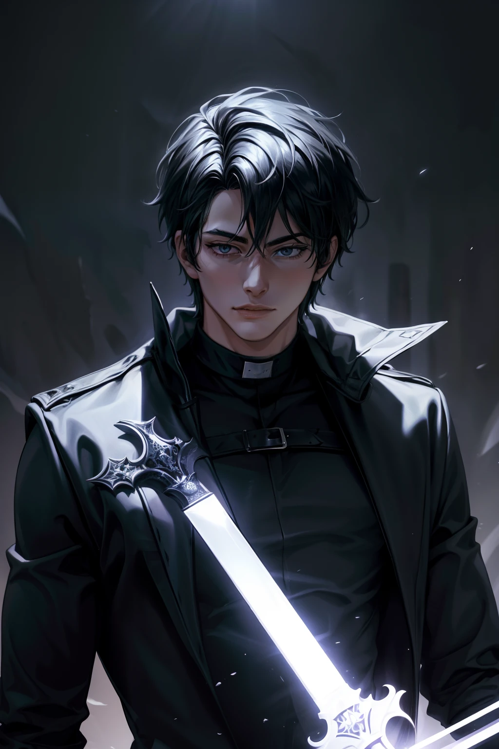 25-year-old man shrouded in an air of mystery and darkness. Lleva ropa oscura que parece fusionarse con las sombras que lo rodean.. Su cabello es negro como la noche y sus ojos brillan con una intensidad salvaje.. Wield a great sword, acute as your own determination. Se mueve con agilidad y gracia, sliding through the shadows as an extension of them. Estilo de arte del juego Moba.