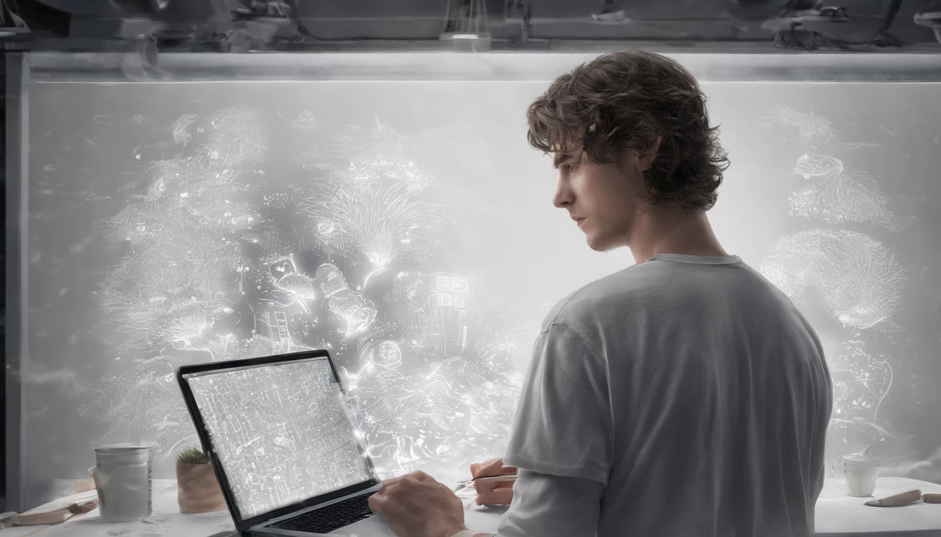 One young man, Wear minimal casual attire, I am drawing an image with A4 copy paper spread out in front of my laptop. Beside him, The spirit of AI is rooting him on; AI Spirit is composed of white light particles, Drifting around a man.