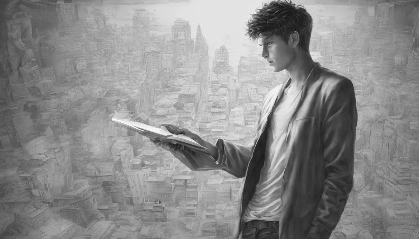 One young man, Wear minimal casual attire, I am drawing an image with A4 copy paper spread out in front of my laptop. Beside him, The spirit of AI is rooting him on; AI Spirit is composed of white light particles, Drifting around a man.