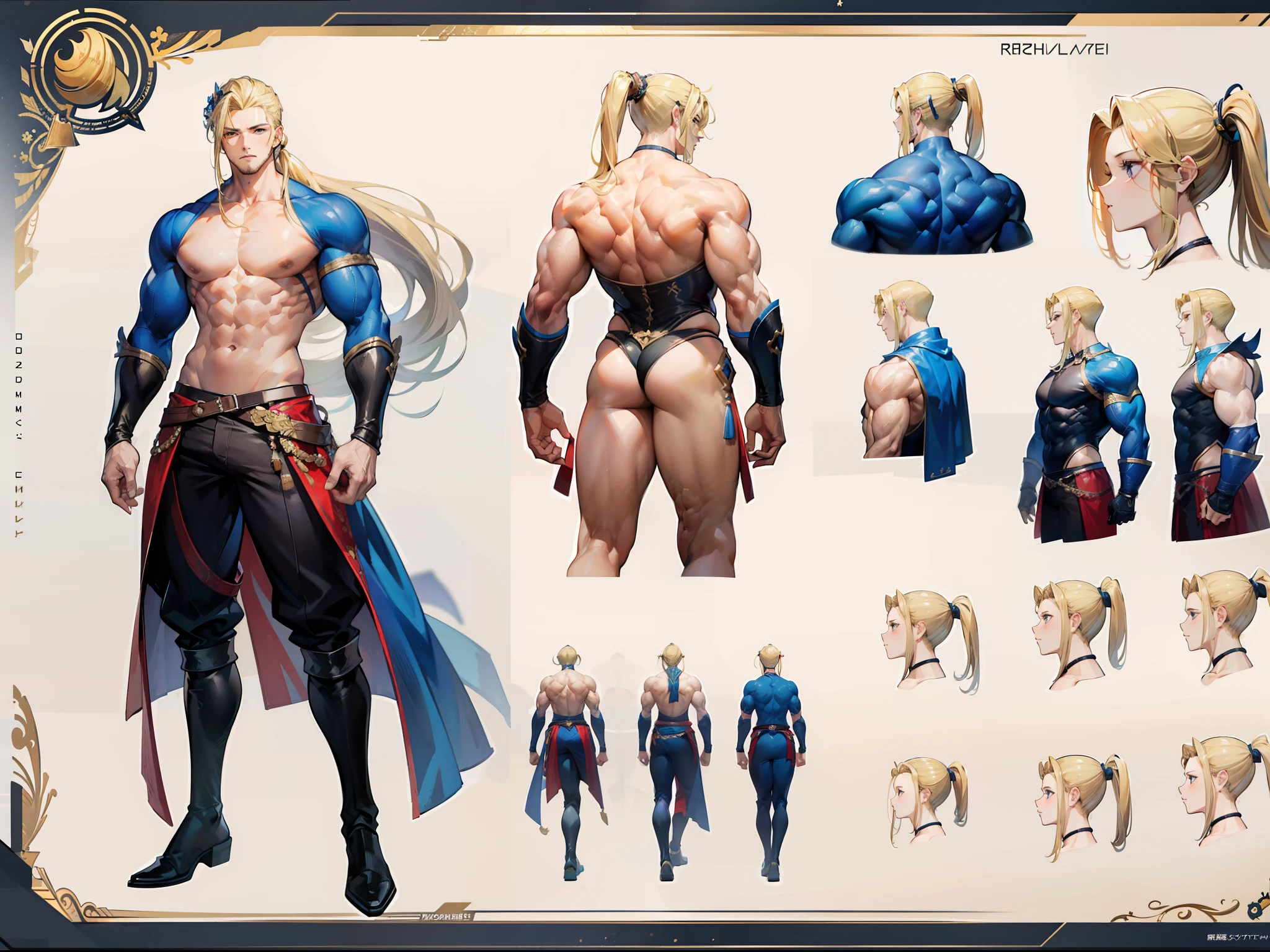 ((Masterpiece, Highest quality)), Detailed face, character design sheet, full bodyesbian, Full of details, body front view, body back view, Highly detailed, Depth, Many parts, Muscle boy with blonde long ponytail hair,handsome man, muscle body, outfit male gods, man tall
