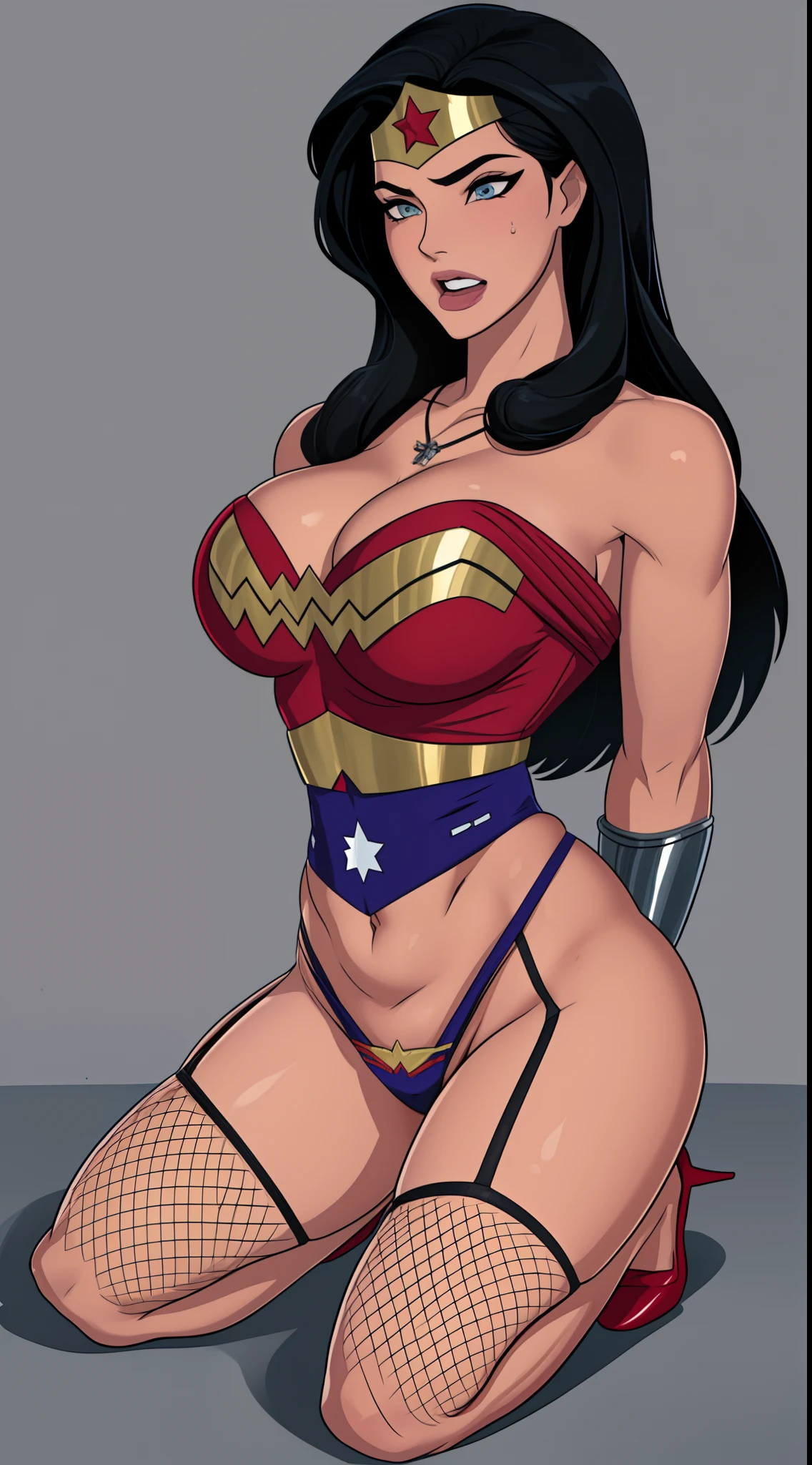 (( She's weak., nas pontas dos dedos))  (She's wearing stiletto high heels) ((Your blouse is tattered, Your mesh is tattered, his uniform is tattered, seu traje esta esfarrapado, your clothes are tattered)), ((SUPERHEROINE Wonder Woman half crouched)), ((vezes, vagabunda, prostituta, vadia)) She's sweaty all over her body. She's screaming in terror, She's terrified, She's crying a lot. ((ela tem cabelo preto, ela tem cabelo longo)), ((She's wearing a Fishnet garter belt)), ((Wearing a thick metal necklace around the neck )) She screams and begs for mercy, Ela cai no choro. Wearing a thick metal necklace around the neck with a chain. Usando maquiagem pesada no rosto. (Your clothes are immoral, your clothes are indecent). Shibari, arms behind back:1.4), (hands on back), (obra-prima, melhor qualidade) 1.5, 1girl, sozinho, (sexy, mulher bonita, rosto perfeito, olhos perfeitos) corpo inteiro, (Shibari, arms behind back:1.4), (hands on back), ((cabelos pretos)). ((High Definition Face))