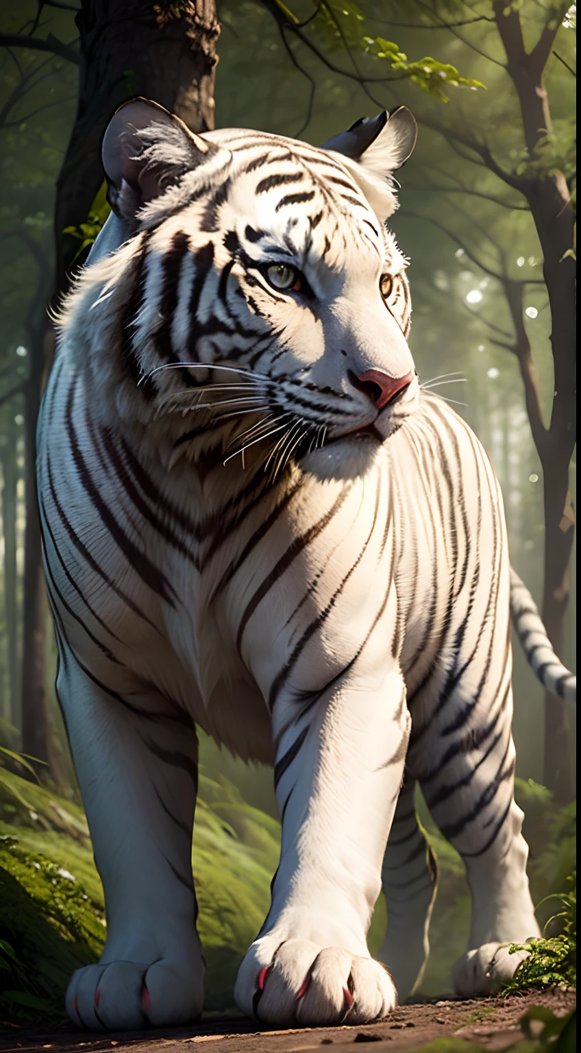 A magnificent white tiger, cor dos olhos:(( vermelhos marcantes)), tigre espetacular, is hiding among the trees, uma floresta obscura ao fundo, attack position