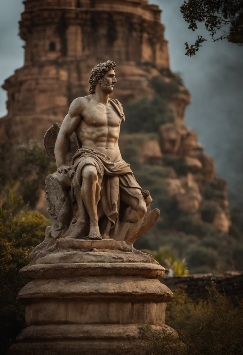 oito estatuas gregas, no modelo roma antiga, estatua de heroi pensador, masculos e fortes, sarados, gregos, grupo de guerreiros ao fundo uma paisagem greaga