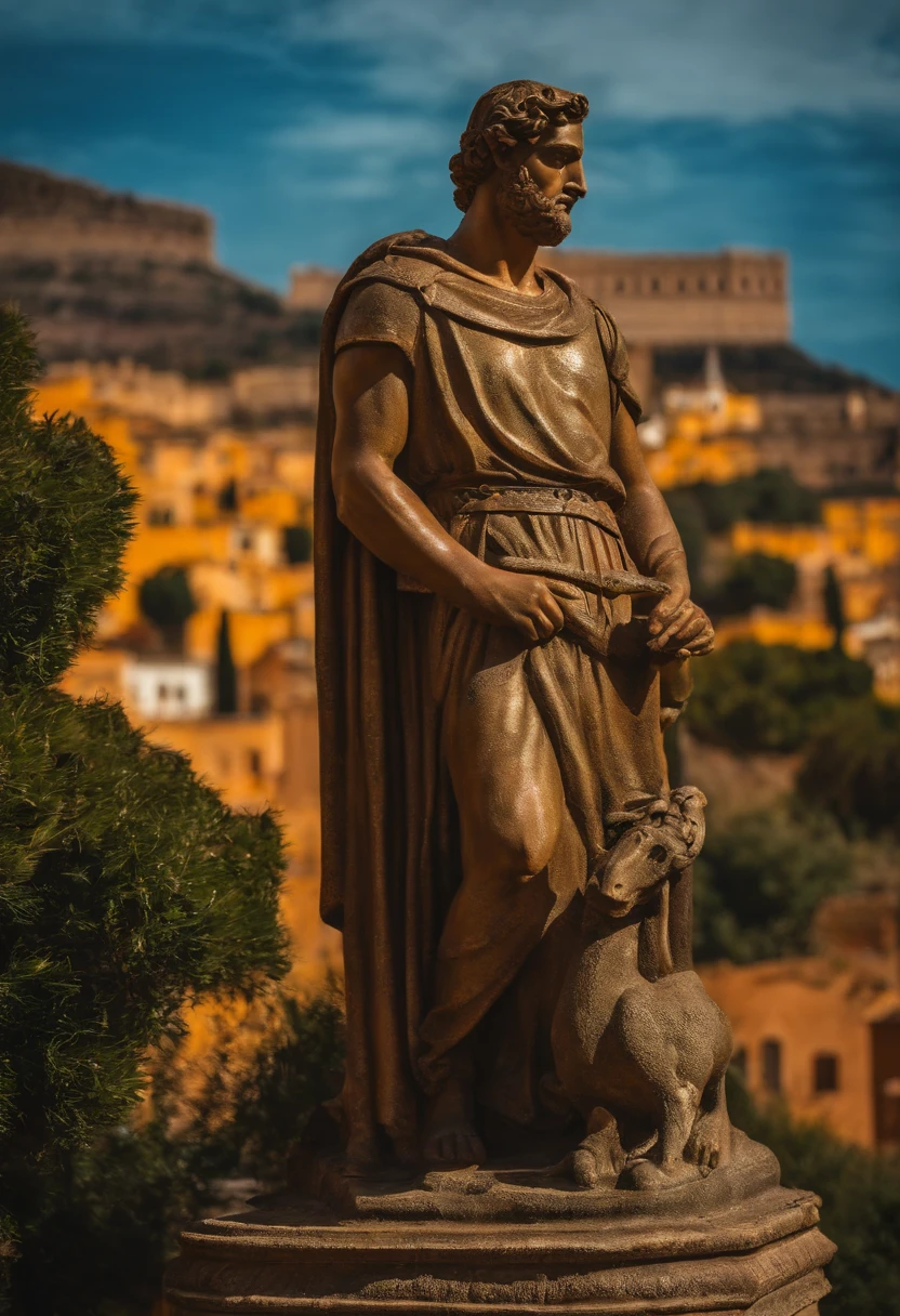 oito estatuas gregas, no modelo roma antiga, estatua de heroi pensador, masculos e fortes, sarados, gregos, grupo de guerreiros ao fundo uma paisagem greaga