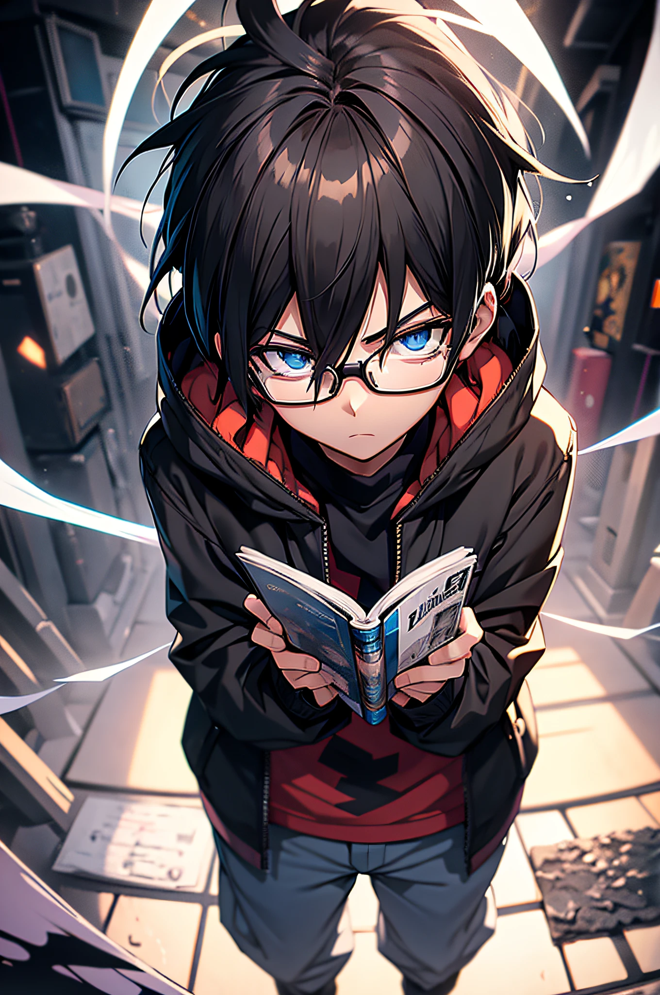 man, black hair, full body, blue eyes, wearing glasses, 4k, detailed, anime 4k, Semelhante ao Killua do anime Hunter X Hunter, With eye Glasses