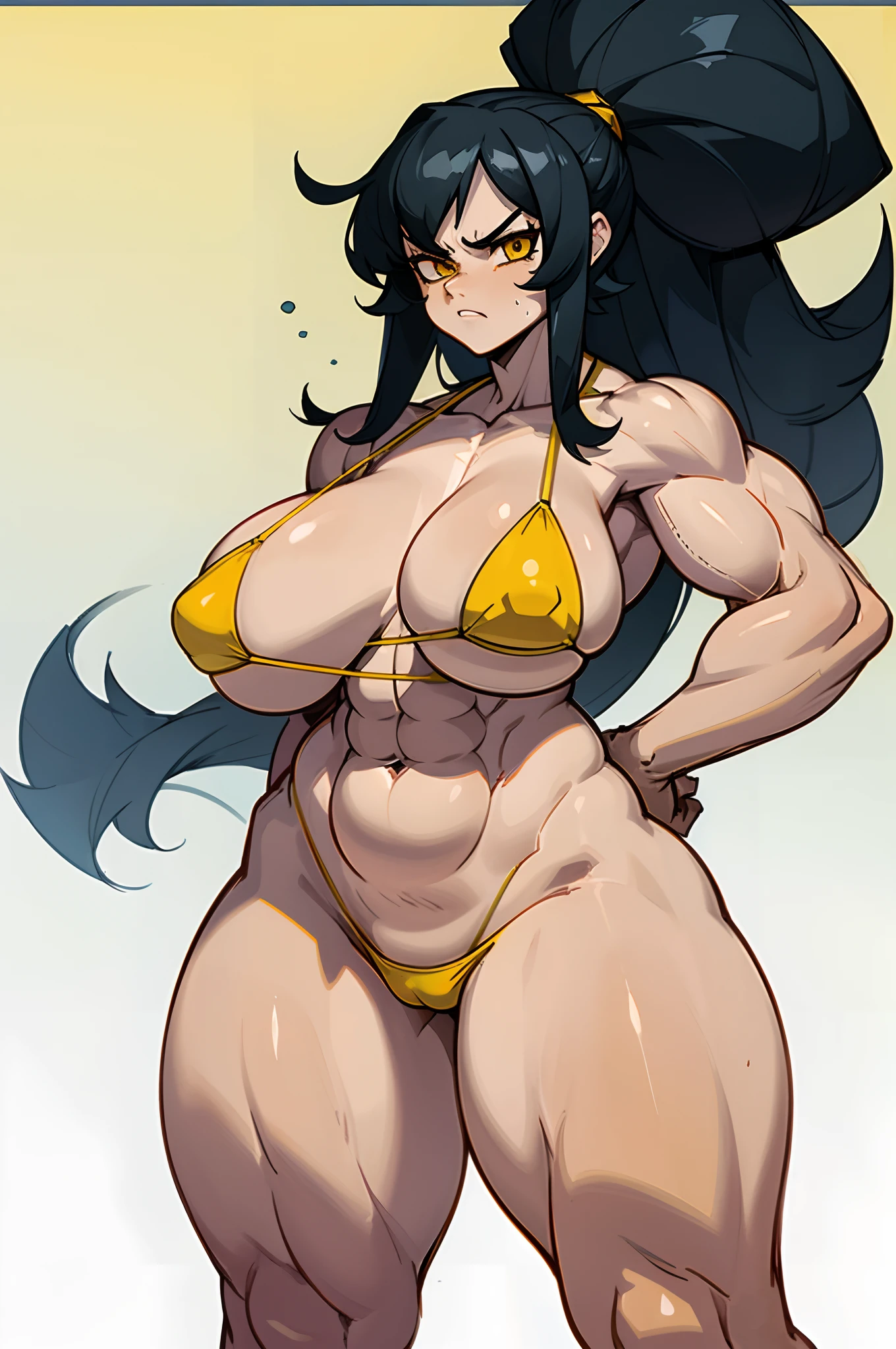 solo, (((1 girl))), very long hair, black hair, angry, yellow eyes, (((muscular))), ((huge tits)), ((thick thighs)), ((wide hips)), pale skin, micro bikini, (big ass), (from behind)