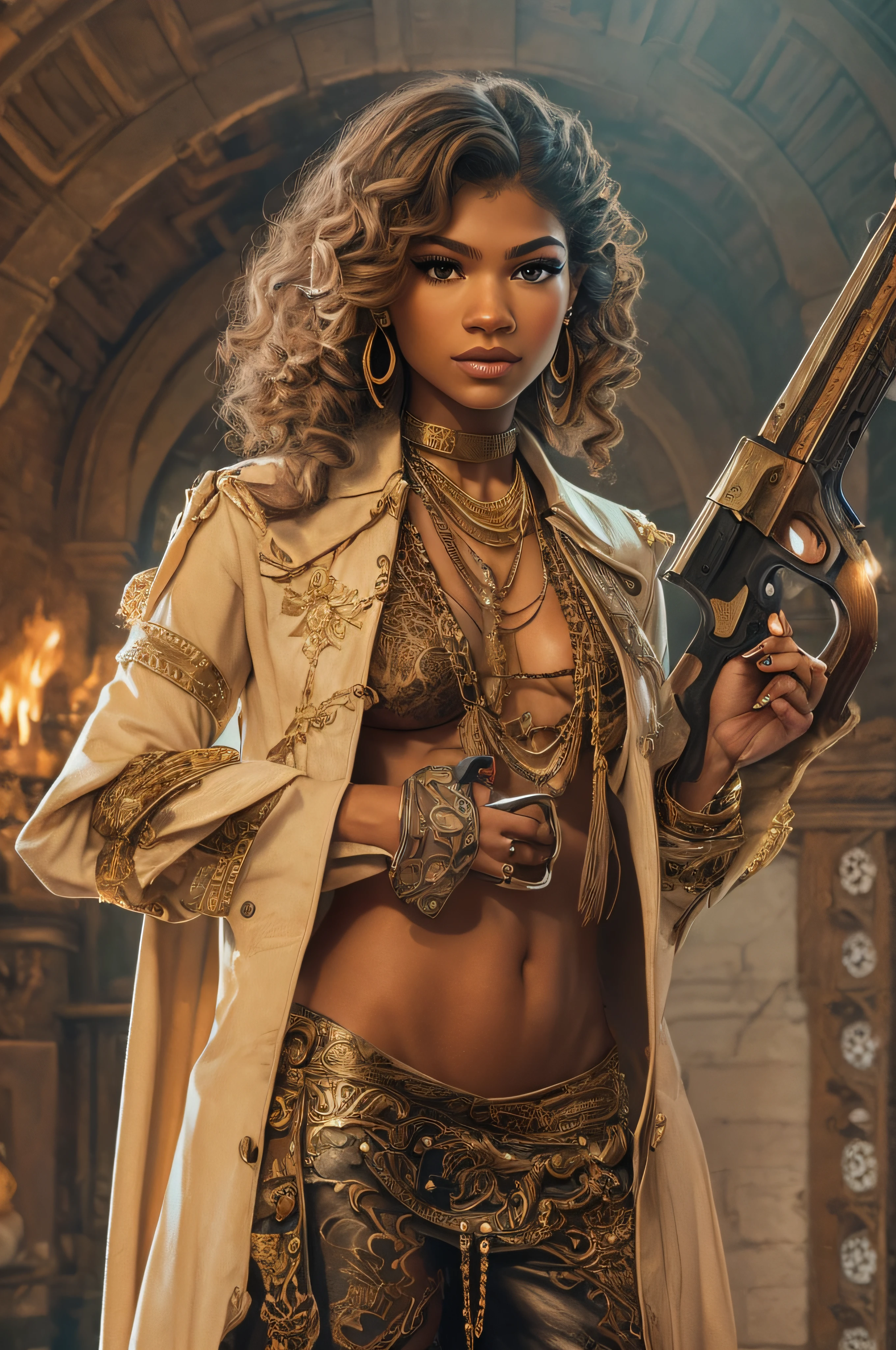 Zendaya, a naked Renaissance Gunslinger, Witch Woman, Tanned skin, jewelry earrings, Gunslinger golden loincloth, Futuristic pistols, ragged overcoat