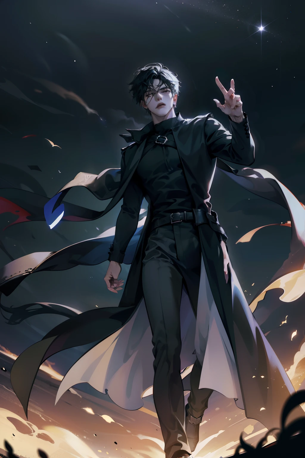 25-year-old man shrouded in an air of mystery and darkness. Lleva ropa oscura que parece fusionarse con las sombras que lo rodean.. Su cabello es negro como la noche y sus ojos brillan con una intensidad salvaje.. Wield a great sword, acute as your own determination. Se mueve con agilidad y gracia, sliding through the shadows as an extension of them. Estilo de arte del juego Moba.